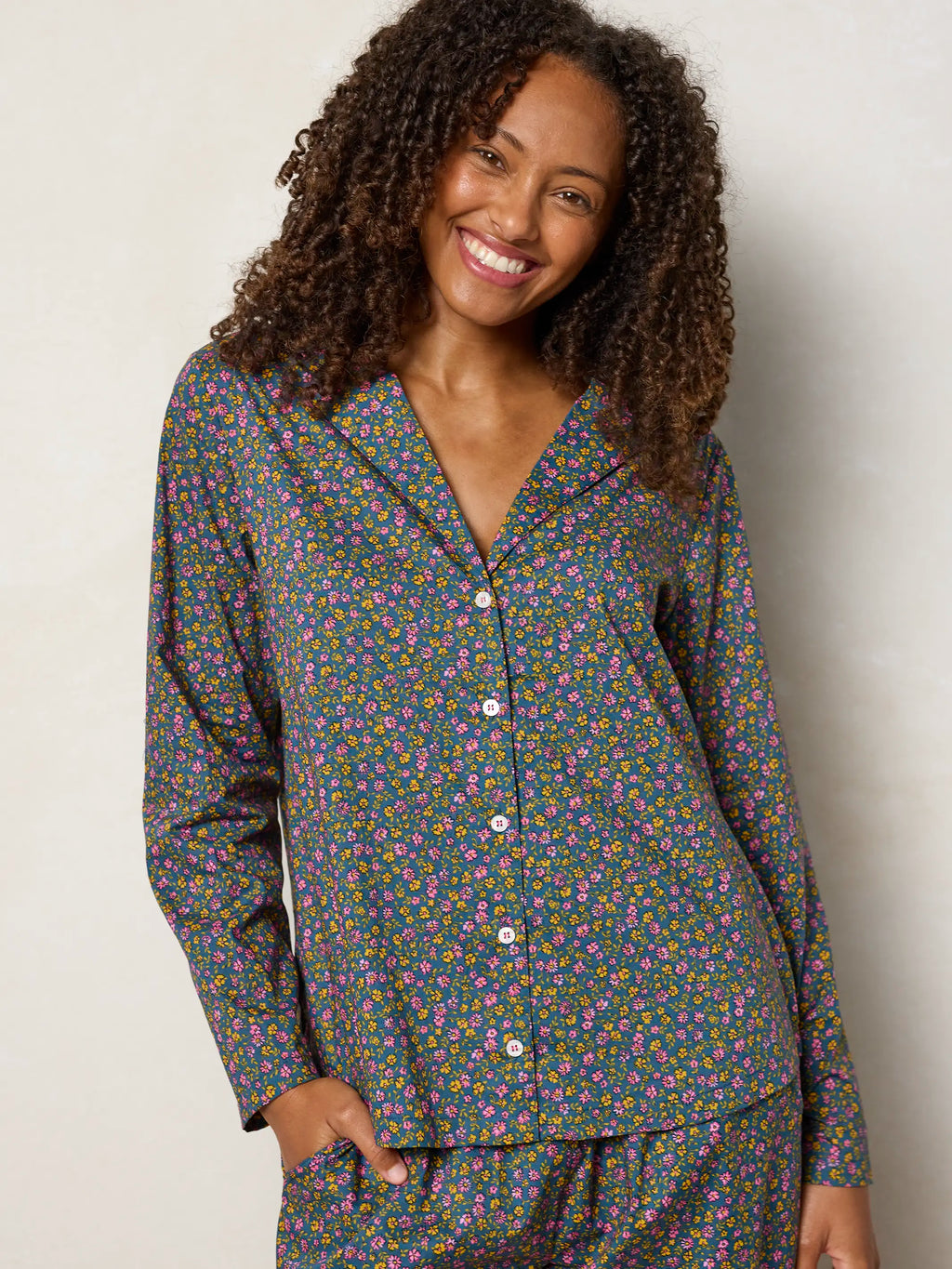 Mix & Match Cotton Long Sleeve Pajama Top - Mari Ditsy Navy