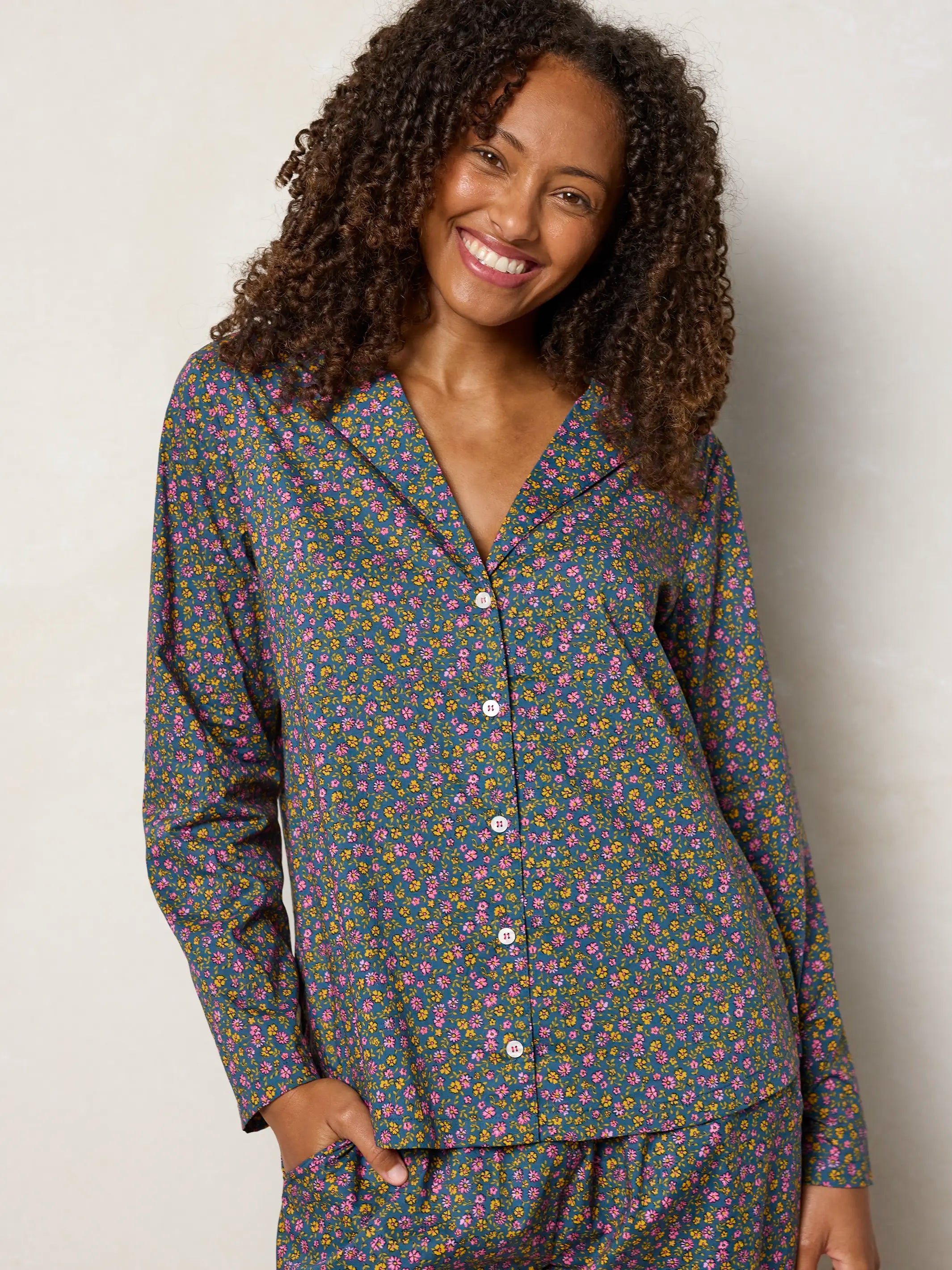 Mix & Match Cotton Long Sleeve Pajama Top - Mari Ditsy Navy