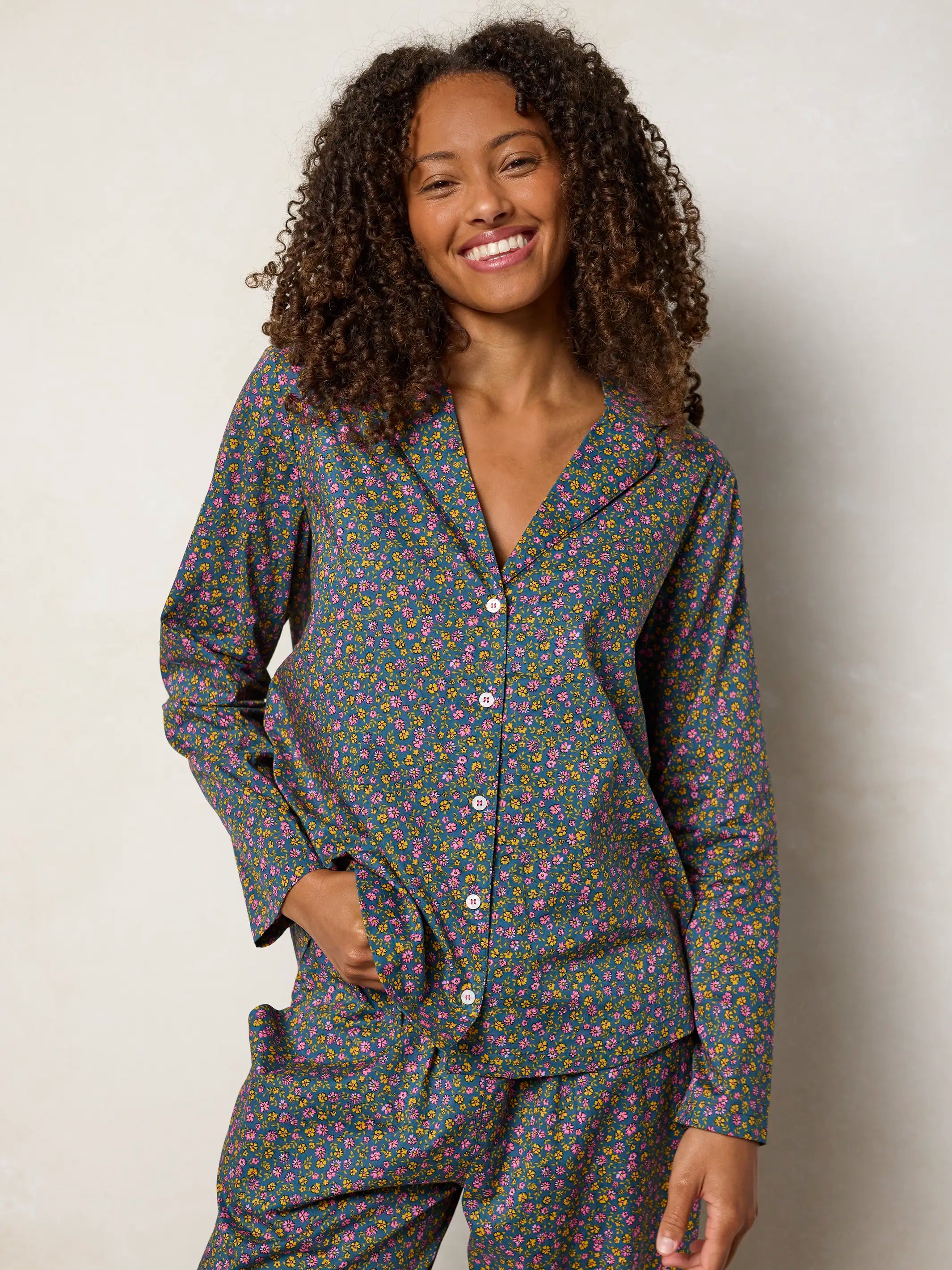 Mix & Match Cotton Long Sleeve Pajama Top - Mari Ditsy Navy