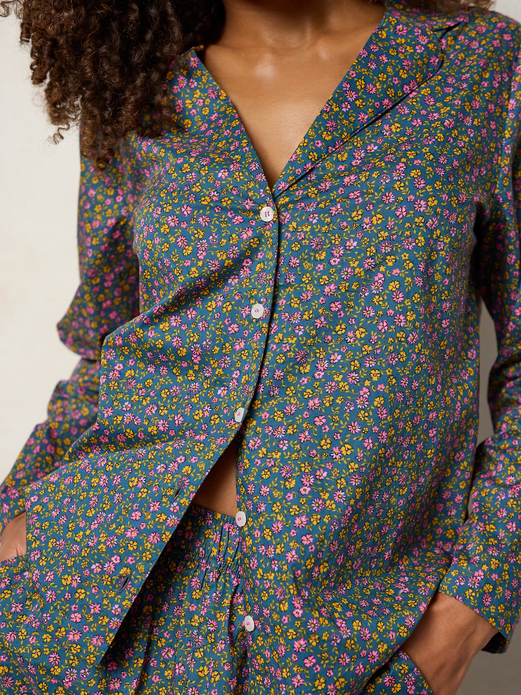 Mix & Match Cotton Long Sleeve Pajama Top - Mari Ditsy Navy