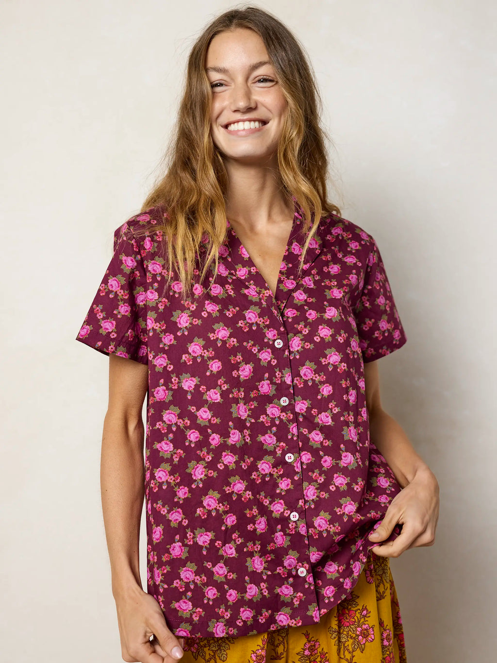 Mix & Match Cotton Short Sleeve Pajama Top - Porto Ditsy Merlot