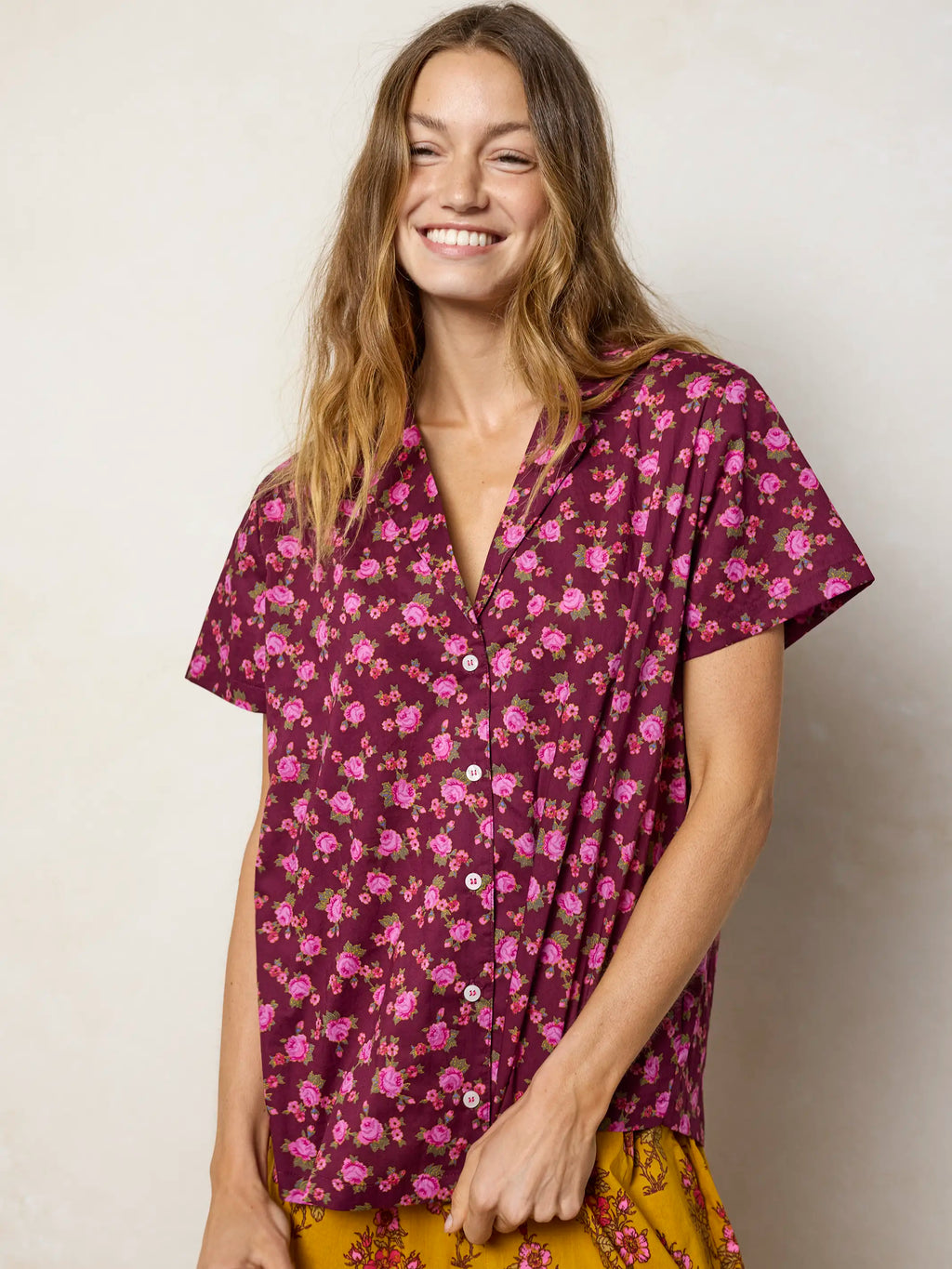 Mix & Match Cotton Short Sleeve Pajama Top - Porto Ditsy Merlot