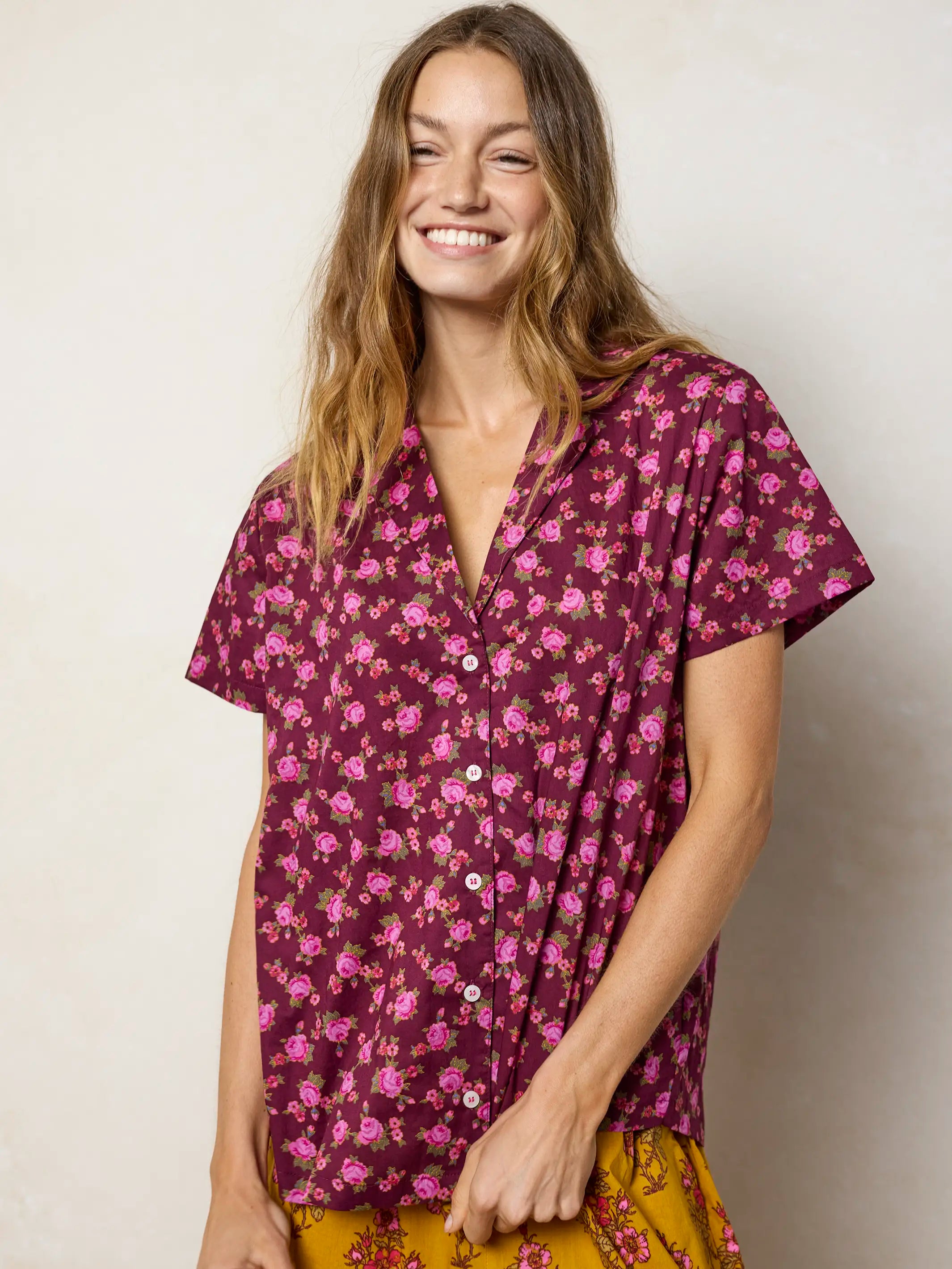 Mix & Match Cotton Short Sleeve Pajama Top - Porto Ditsy Merlot
