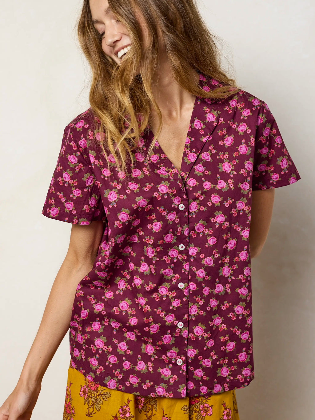 Mix & Match Cotton Short Sleeve Pajama Top - Porto Ditsy Merlot