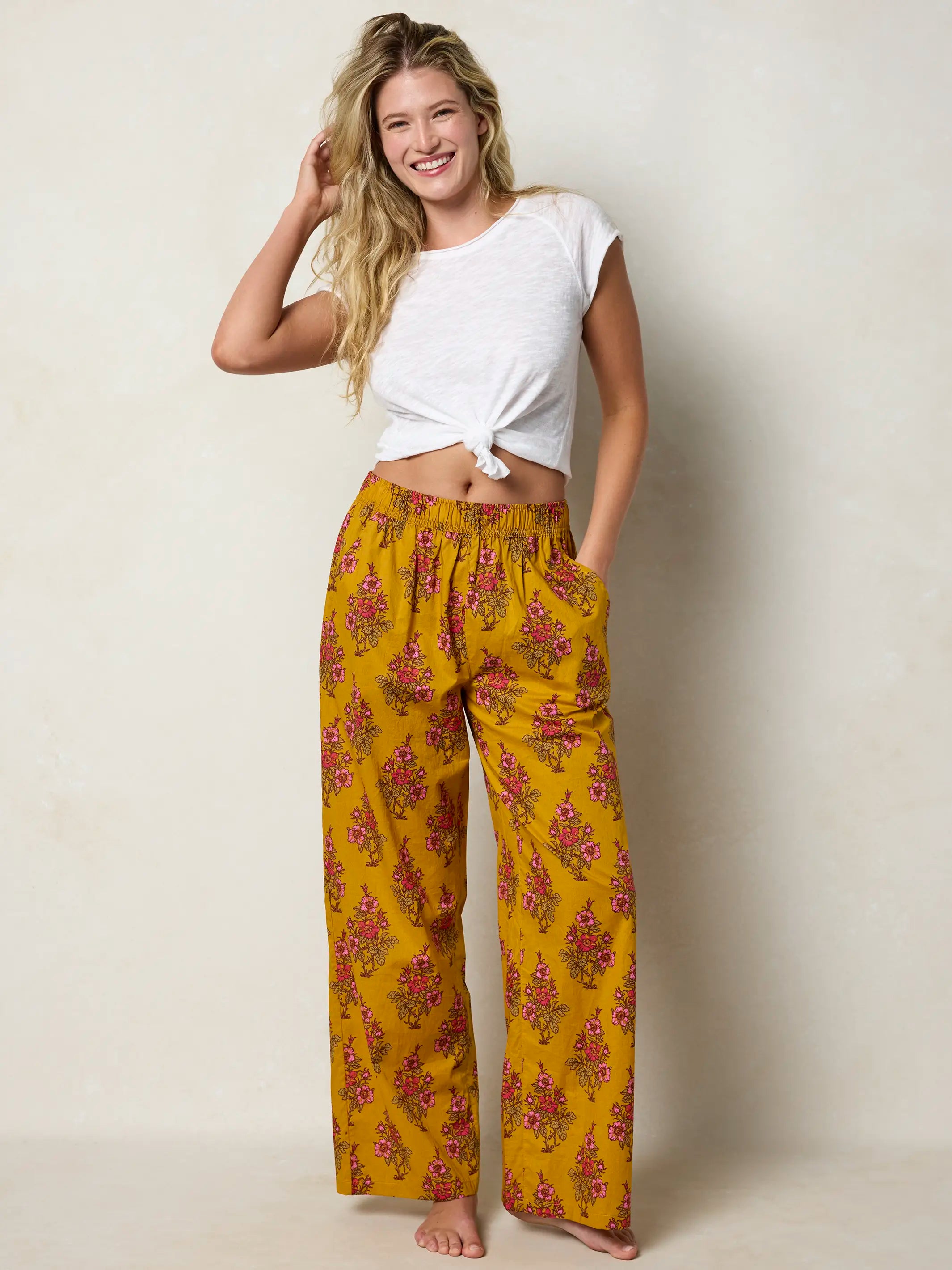 Mix & Match Cotton Pajama Pants - Garden Block Stamp Gold
