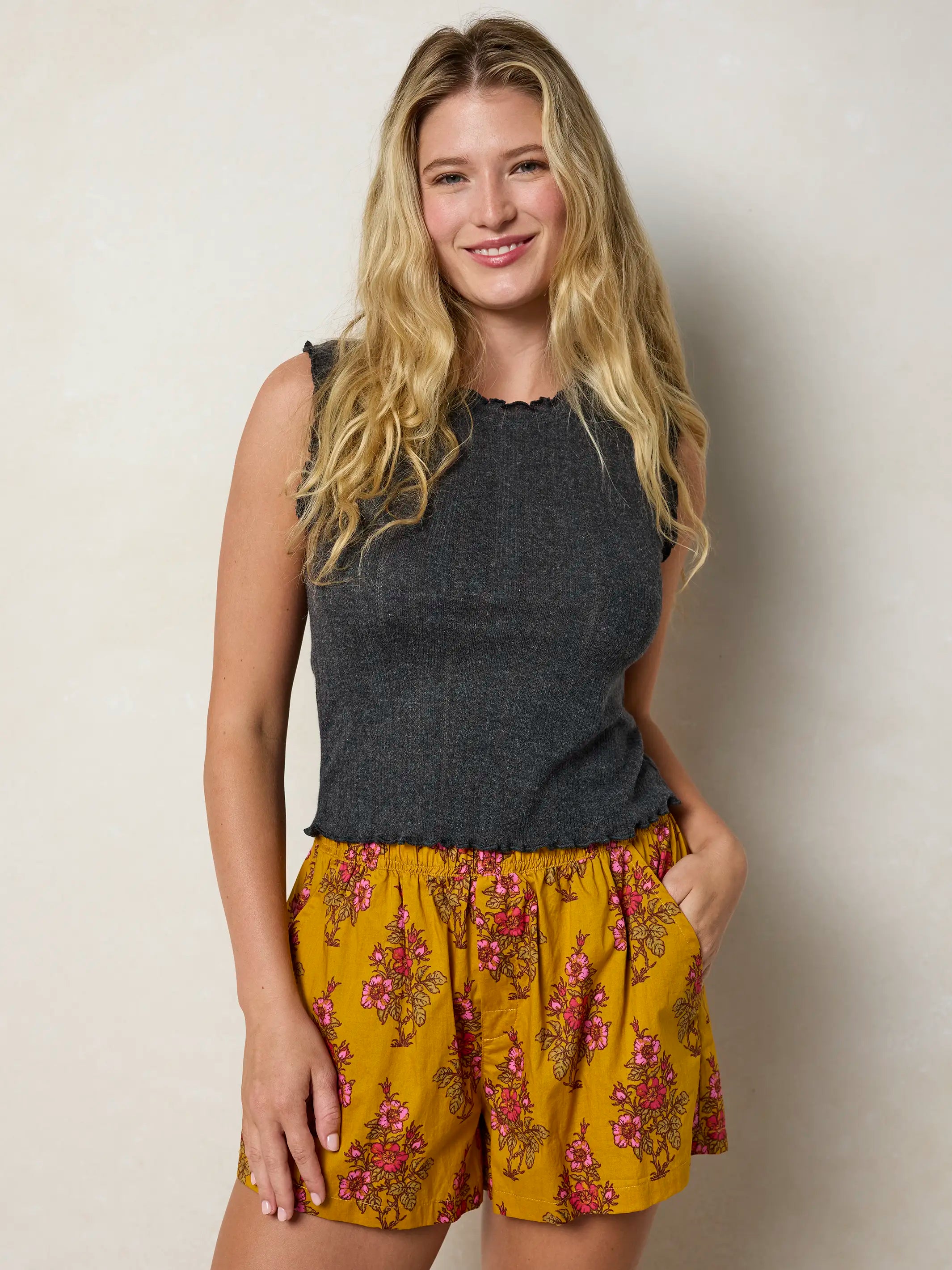 Mix & Match Cotton Pajama Shorts - Garden Block Stamp Gold