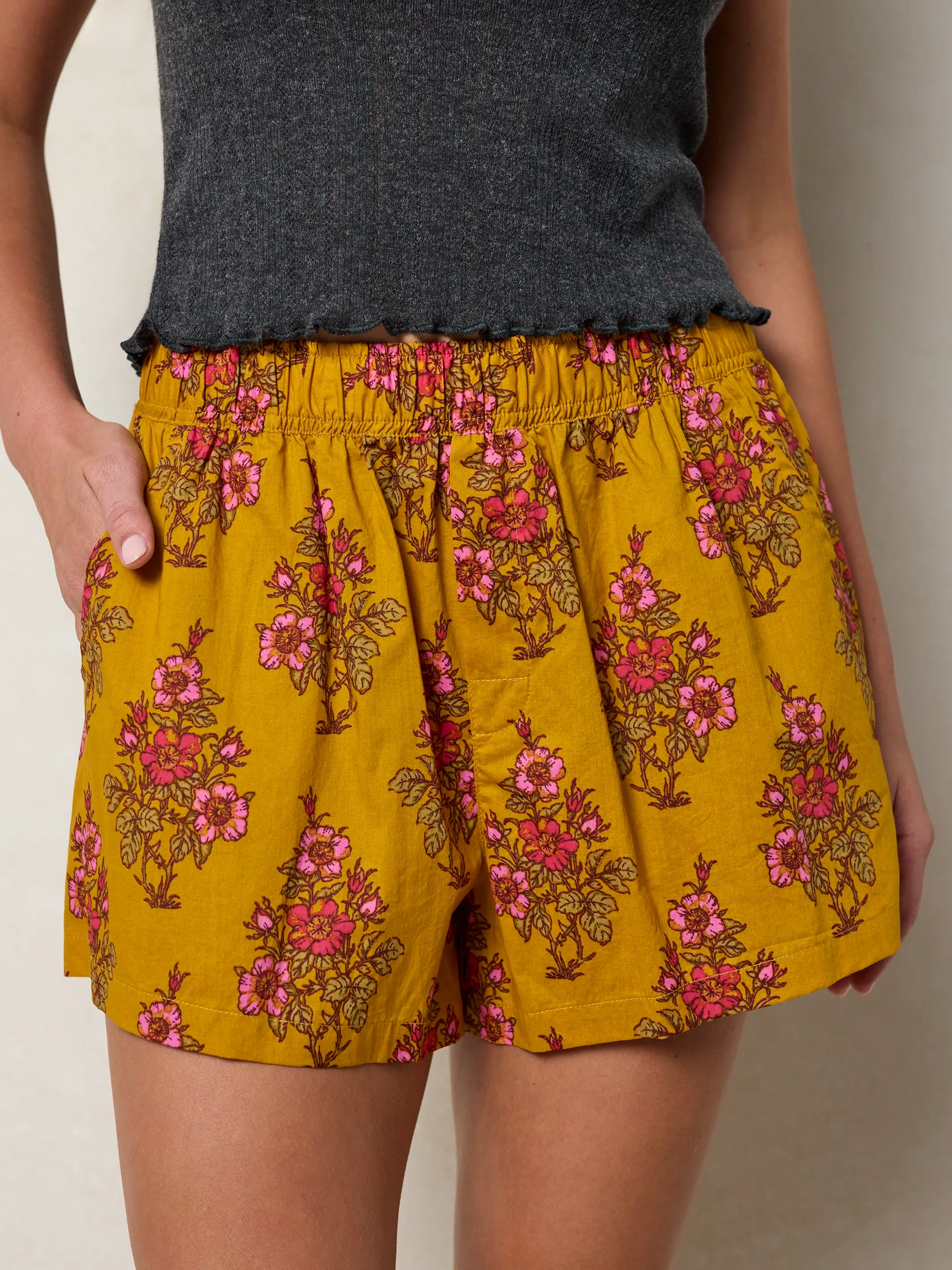 Mix & Match Cotton Pajama Shorts - Garden Block Stamp Gold