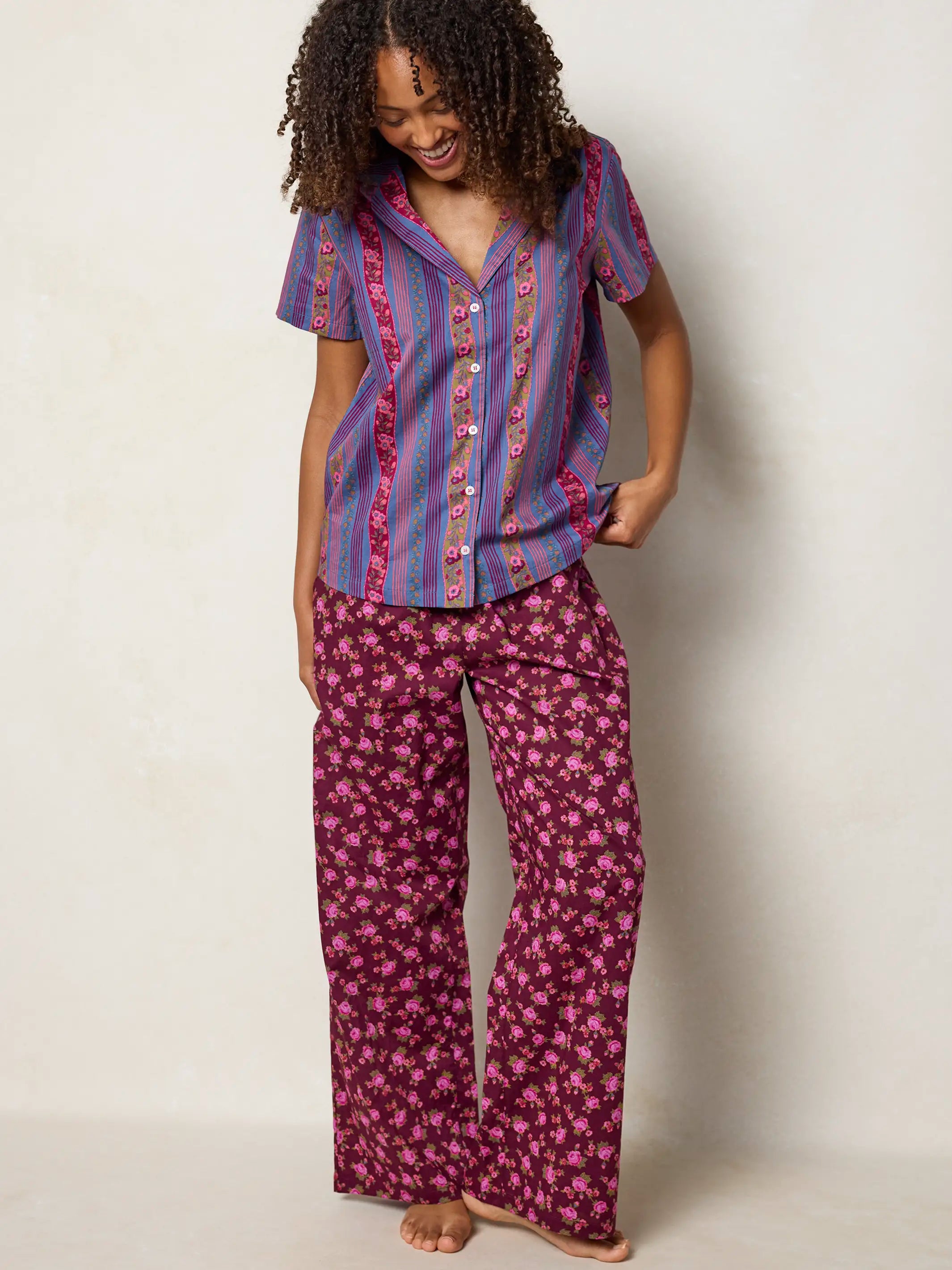 Mix & Match Cotton Short Sleeve Pajama Top - Retro Ribbons Navy