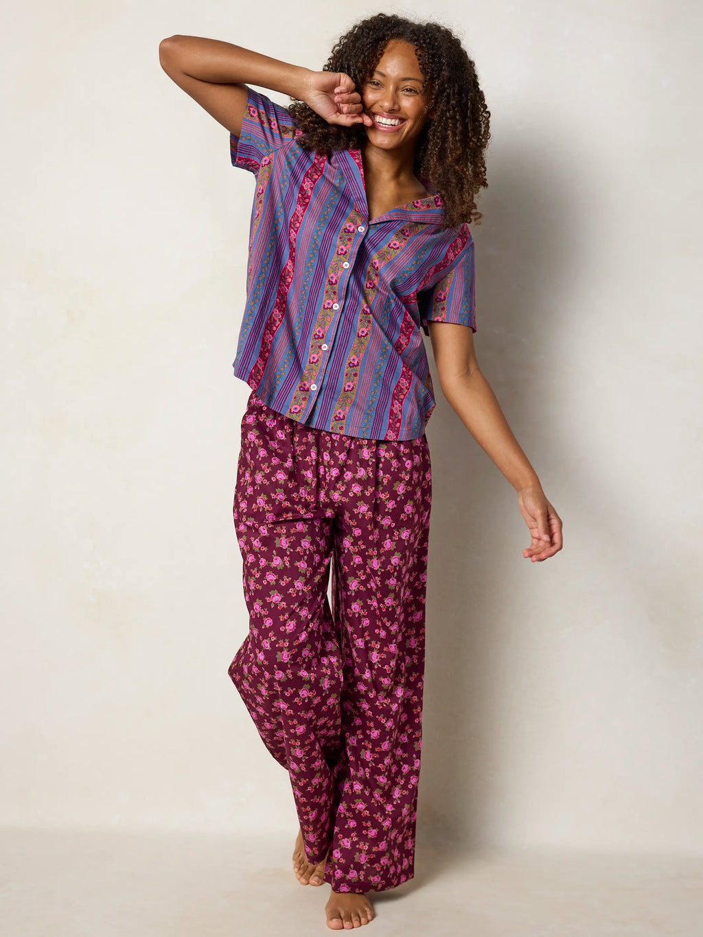Mix & Match Cotton Short Sleeve Pajama Top - Retro Ribbons Navy