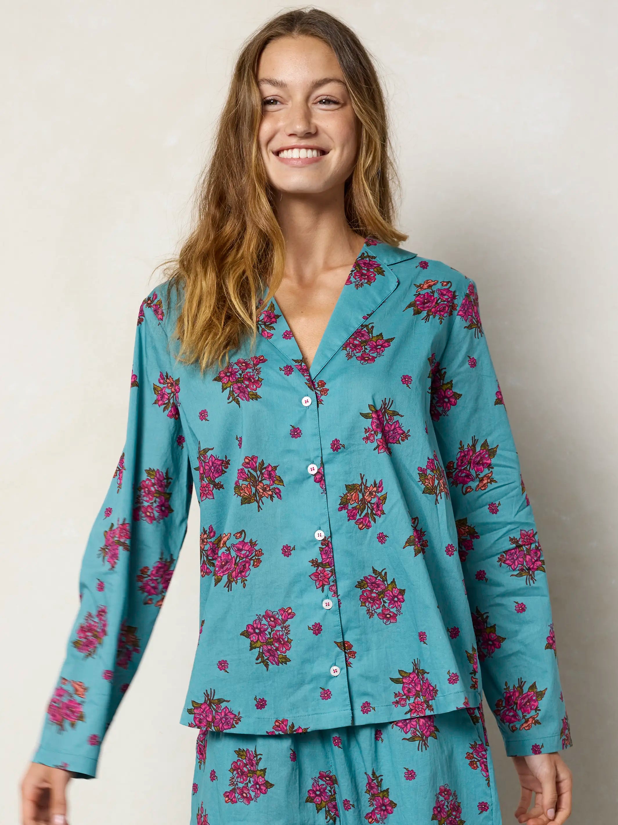 Mix & Match Cotton Long Sleeve Pajama Top - Flower Picking Teal