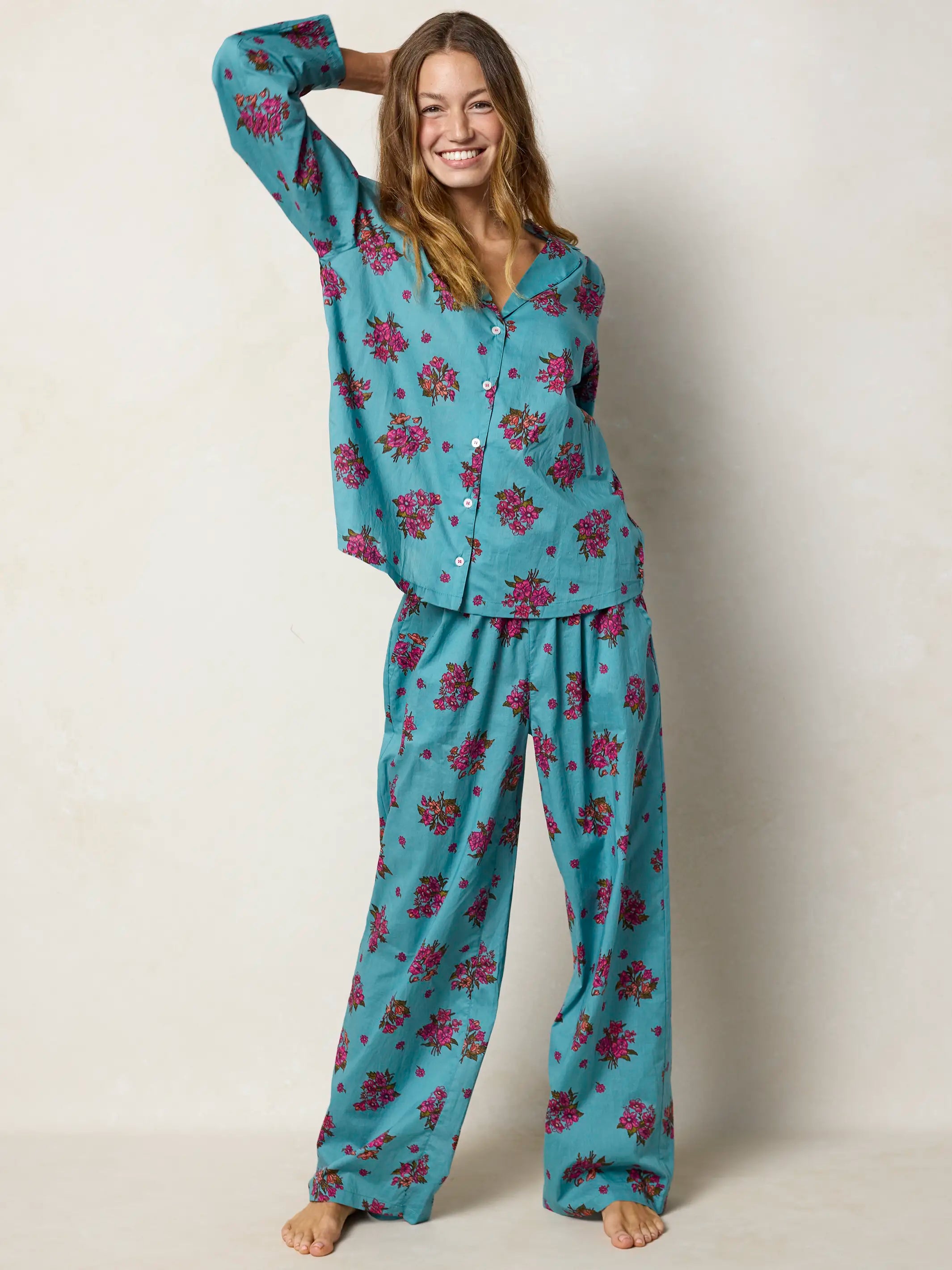 Mix & Match Cotton Long Sleeve Pajama Top - Flower Picking Teal