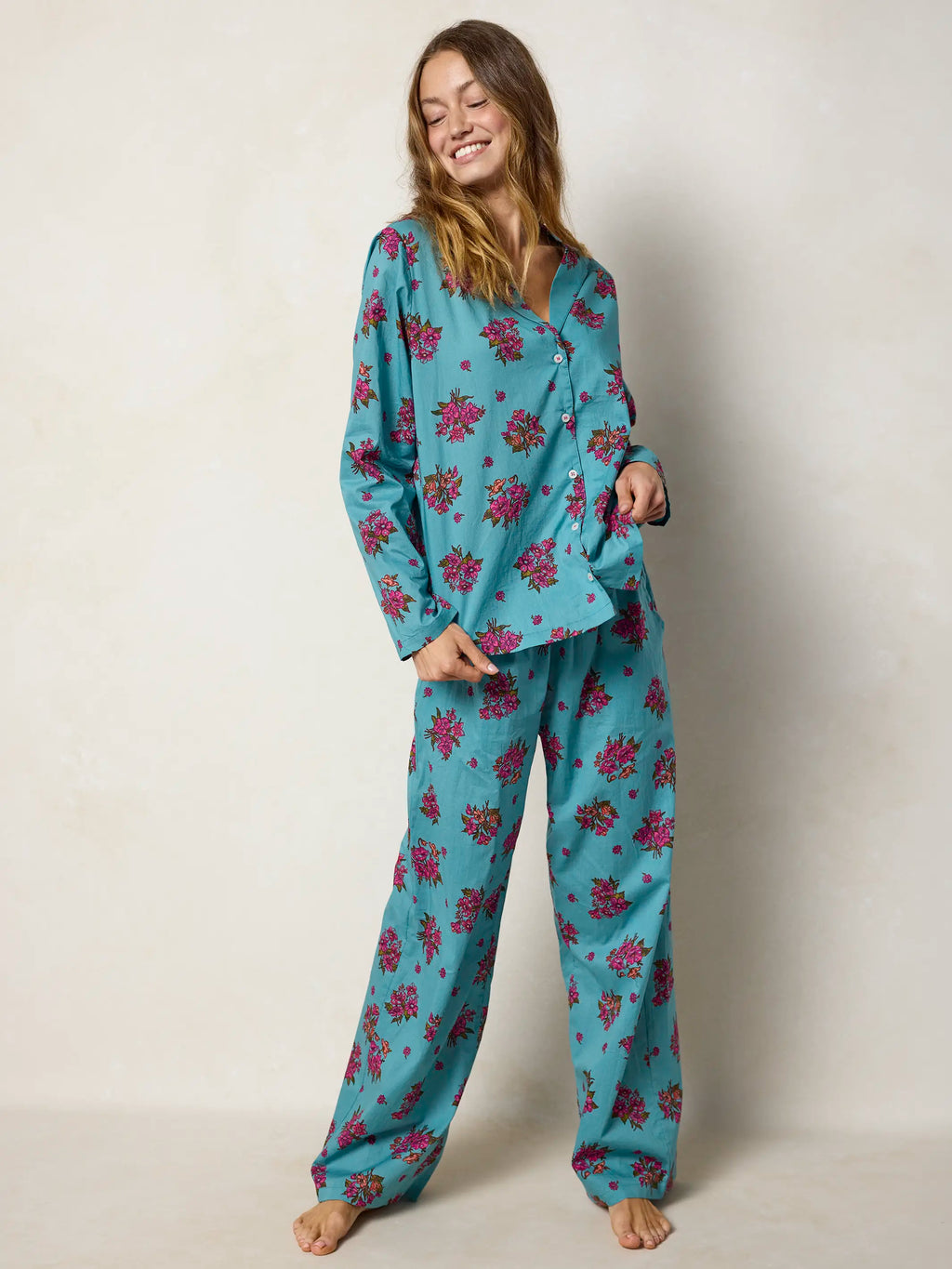 Mix & Match Cotton Long Sleeve Pajama Top - Flower Picking Teal