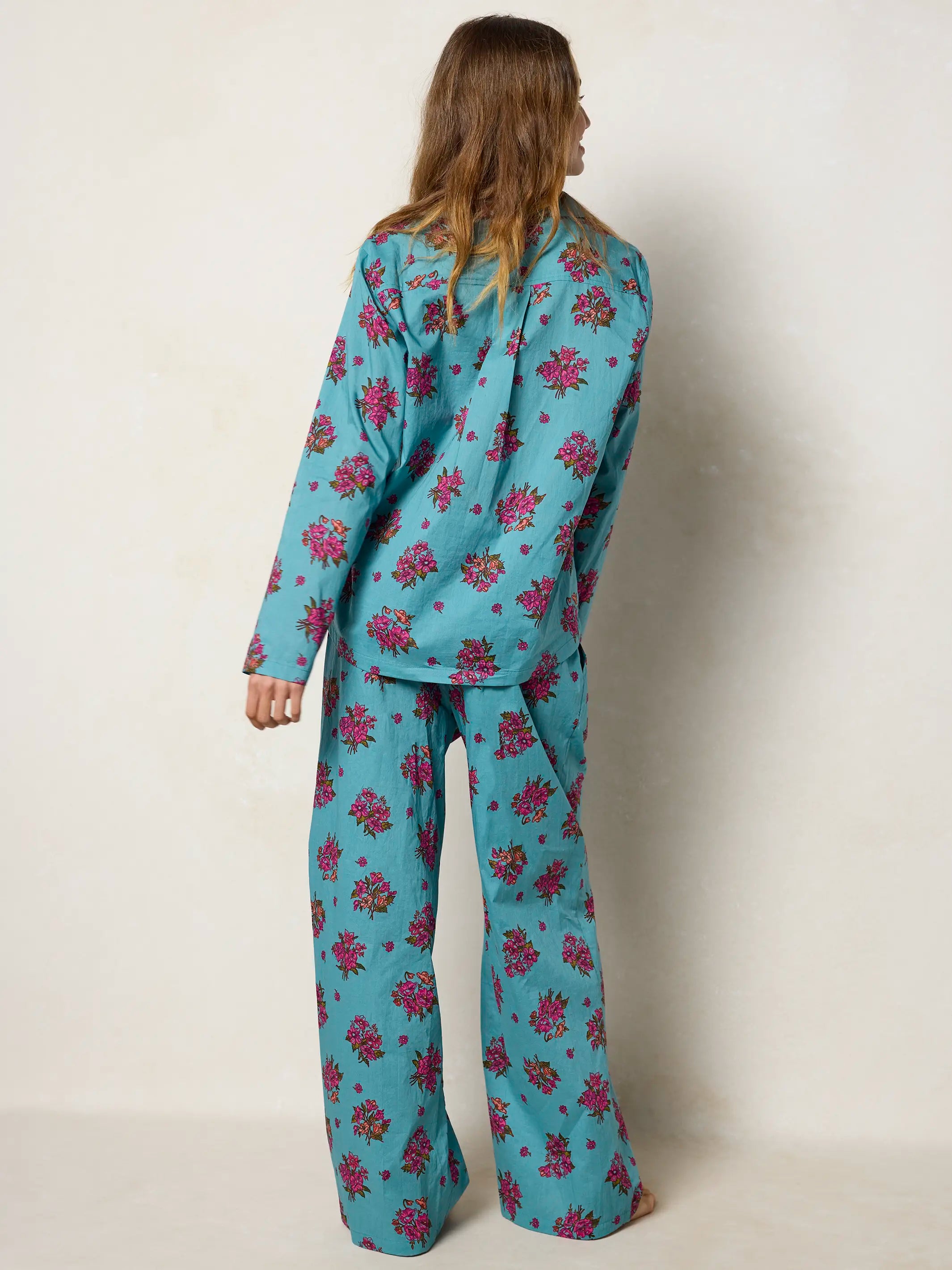 Mix & Match Cotton Long Sleeve Pajama Top - Flower Picking Teal