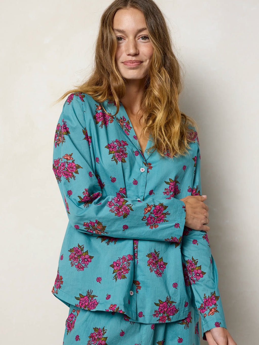 Mix & Match Cotton Long Sleeve Pajama Top - Flower Picking Teal