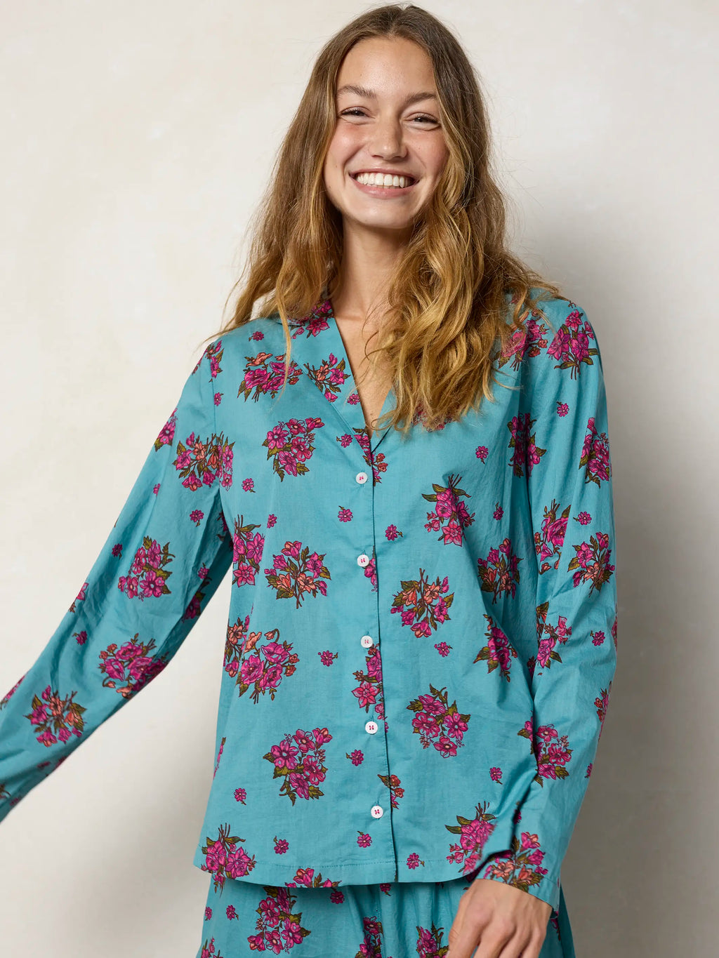 Mix & Match Cotton Long Sleeve Pajama Top - Flower Picking Teal