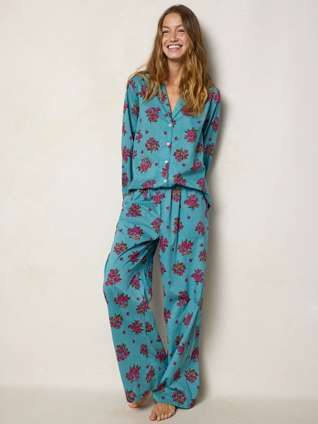 Mix & Match Cotton Long Sleeve Pajama Top - Flower Picking Teal