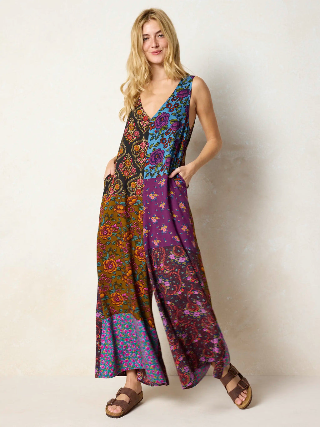 Let's Just Go Wide-Leg Jumpsuit - Woodcut Floral Blue