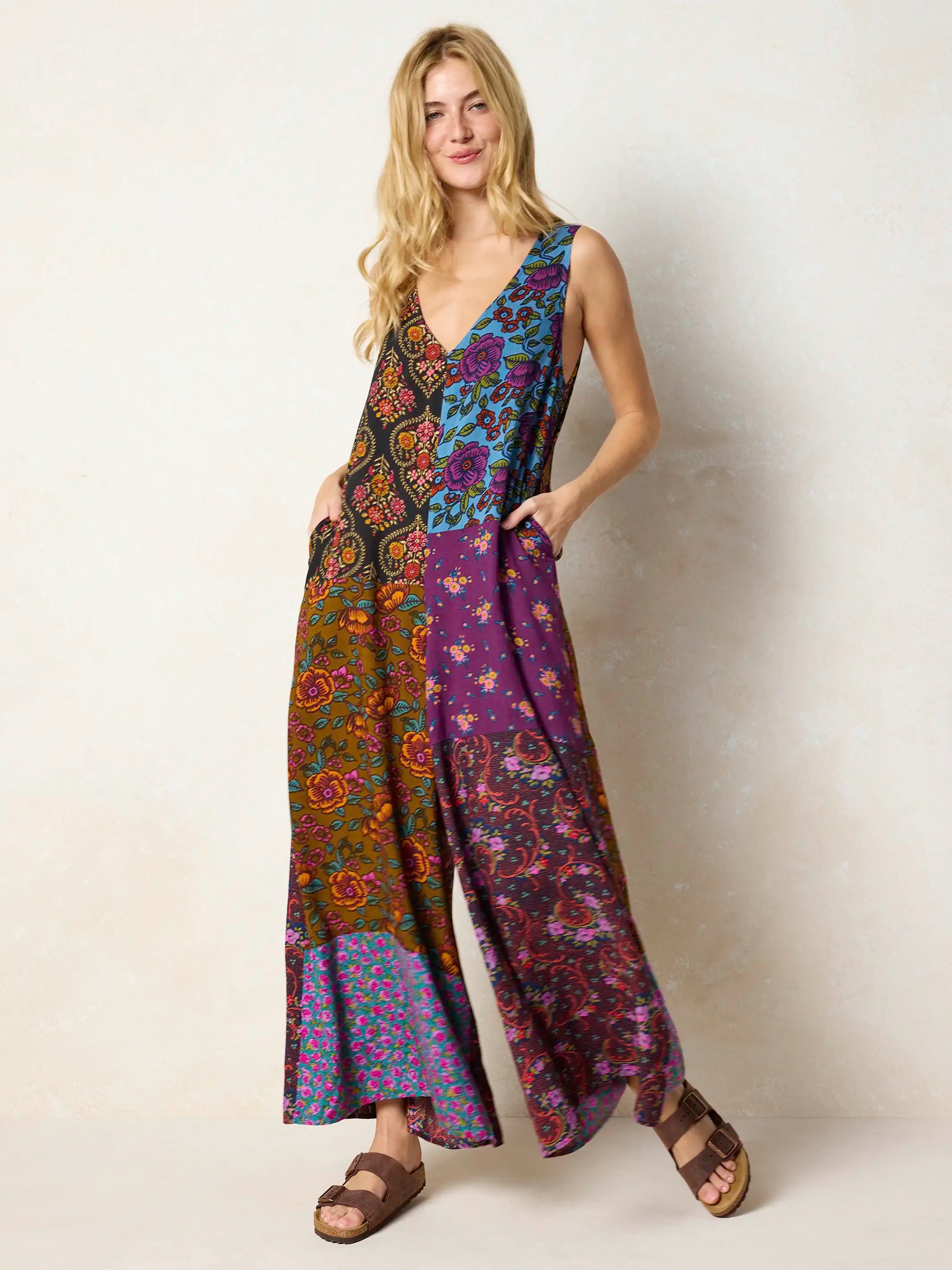 Let's Just Go Wide-Leg Jumpsuit - Woodcut Floral Blue