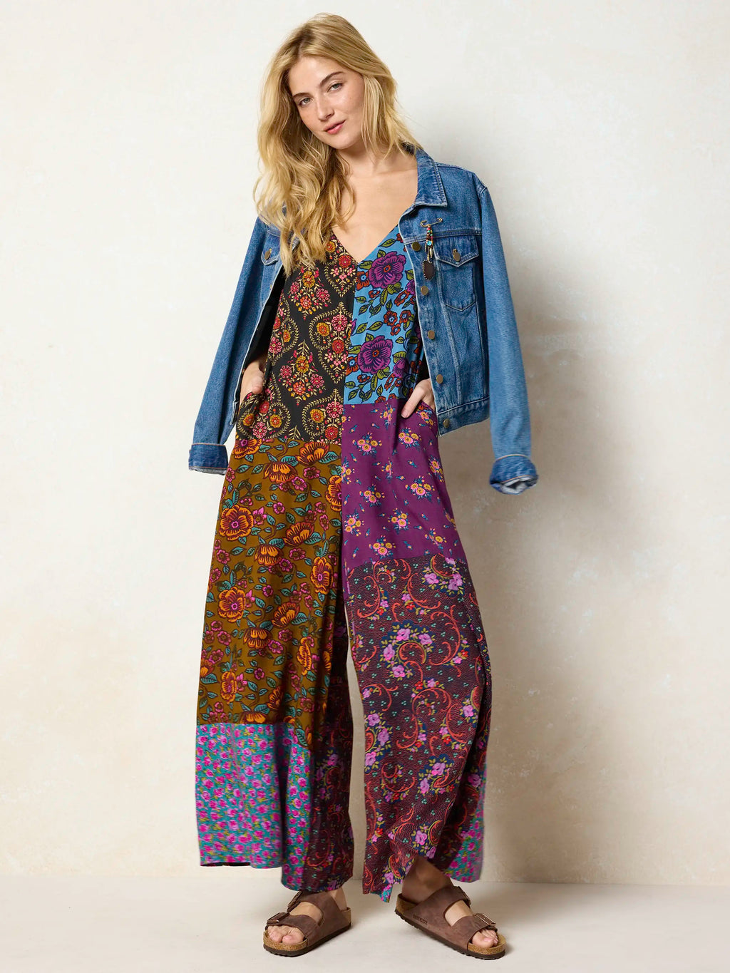 Let's Just Go Wide-Leg Jumpsuit - Woodcut Floral Blue