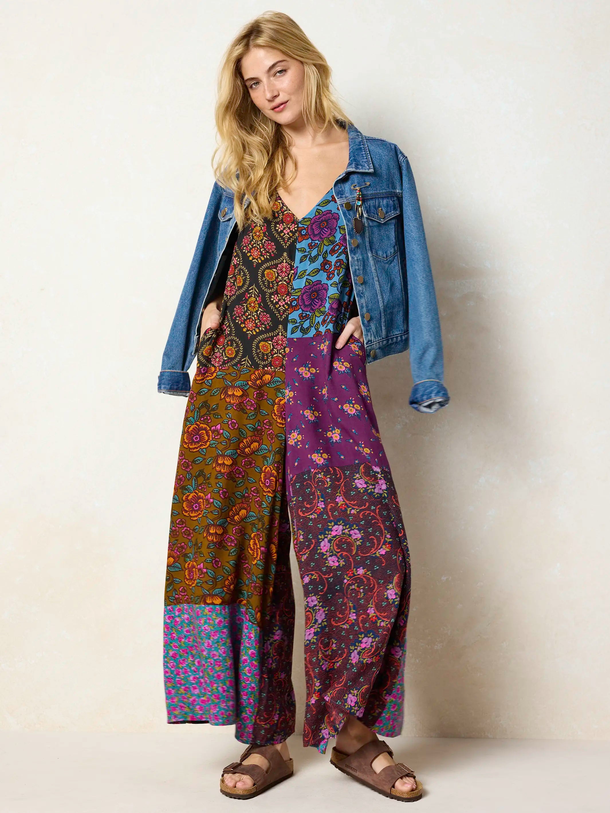Let's Just Go Wide-Leg Jumpsuit - Woodcut Floral Blue