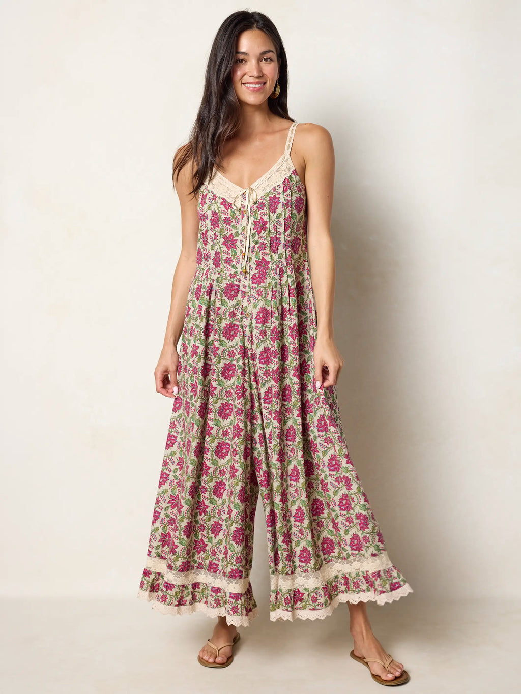 Cotton & Lace Jumpsuit - Cream Pink Lotus