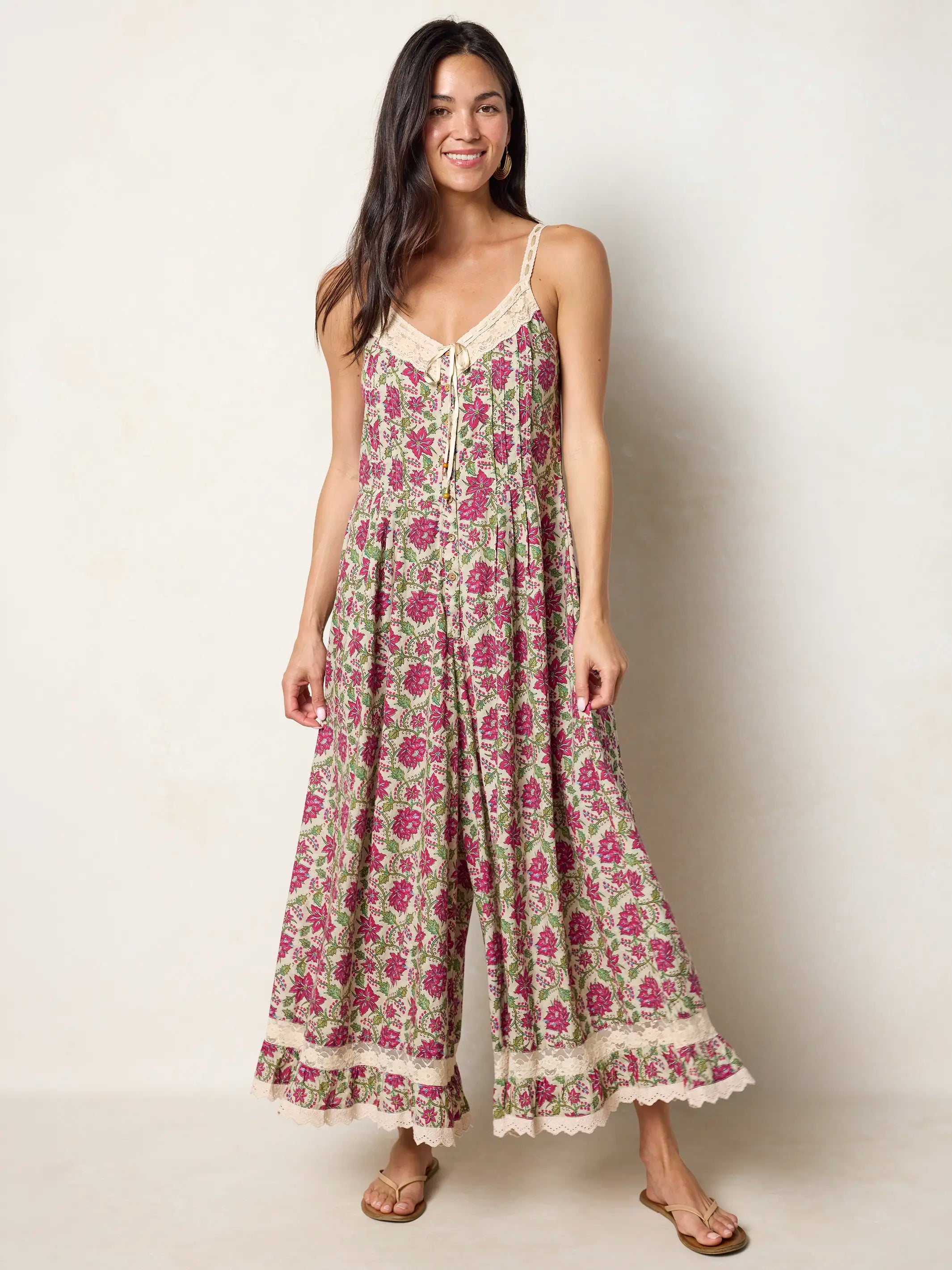 Cotton & Lace Jumpsuit - Cream Pink Lotus