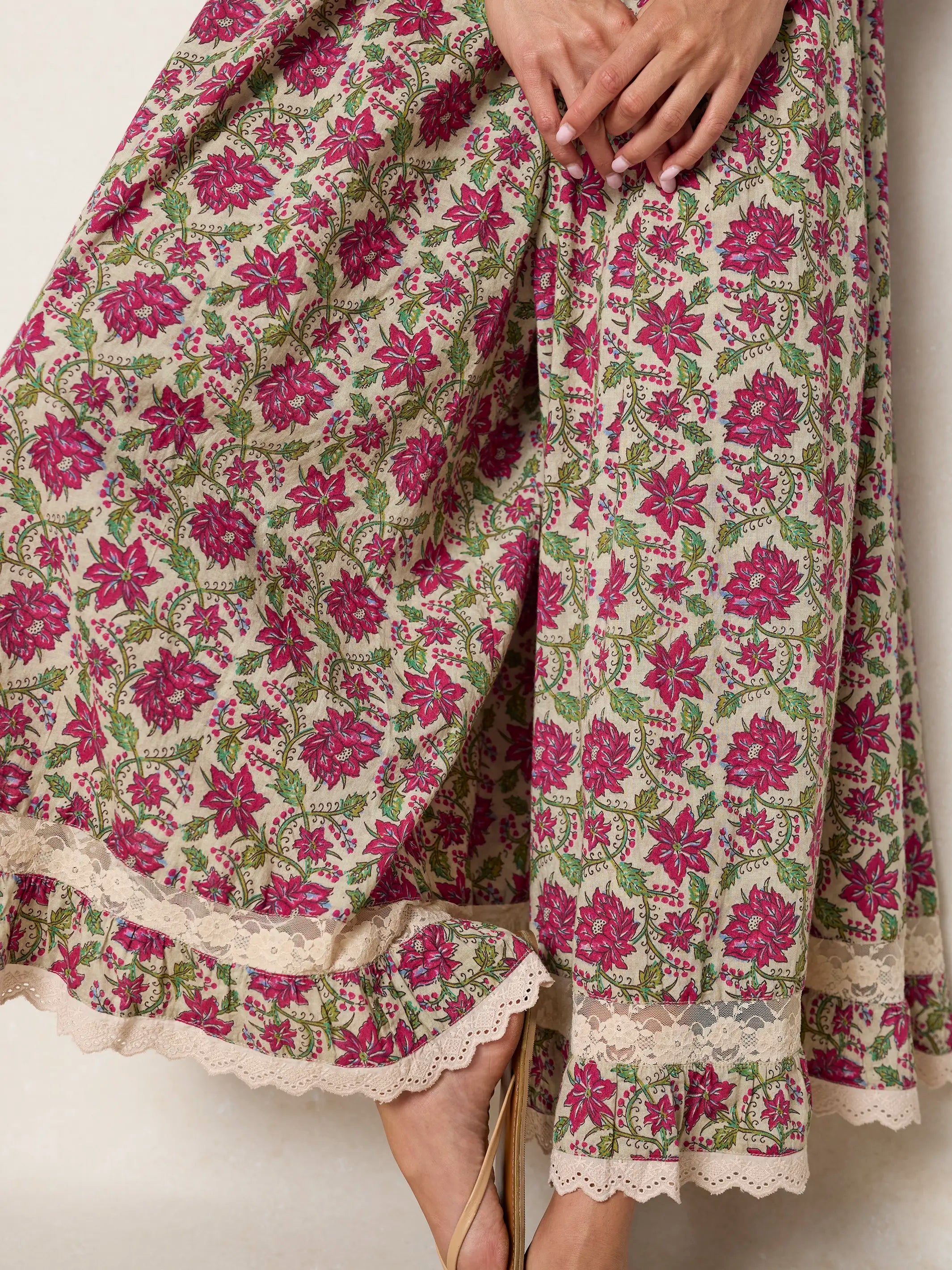 Cotton & Lace Jumpsuit - Cream Pink Lotus