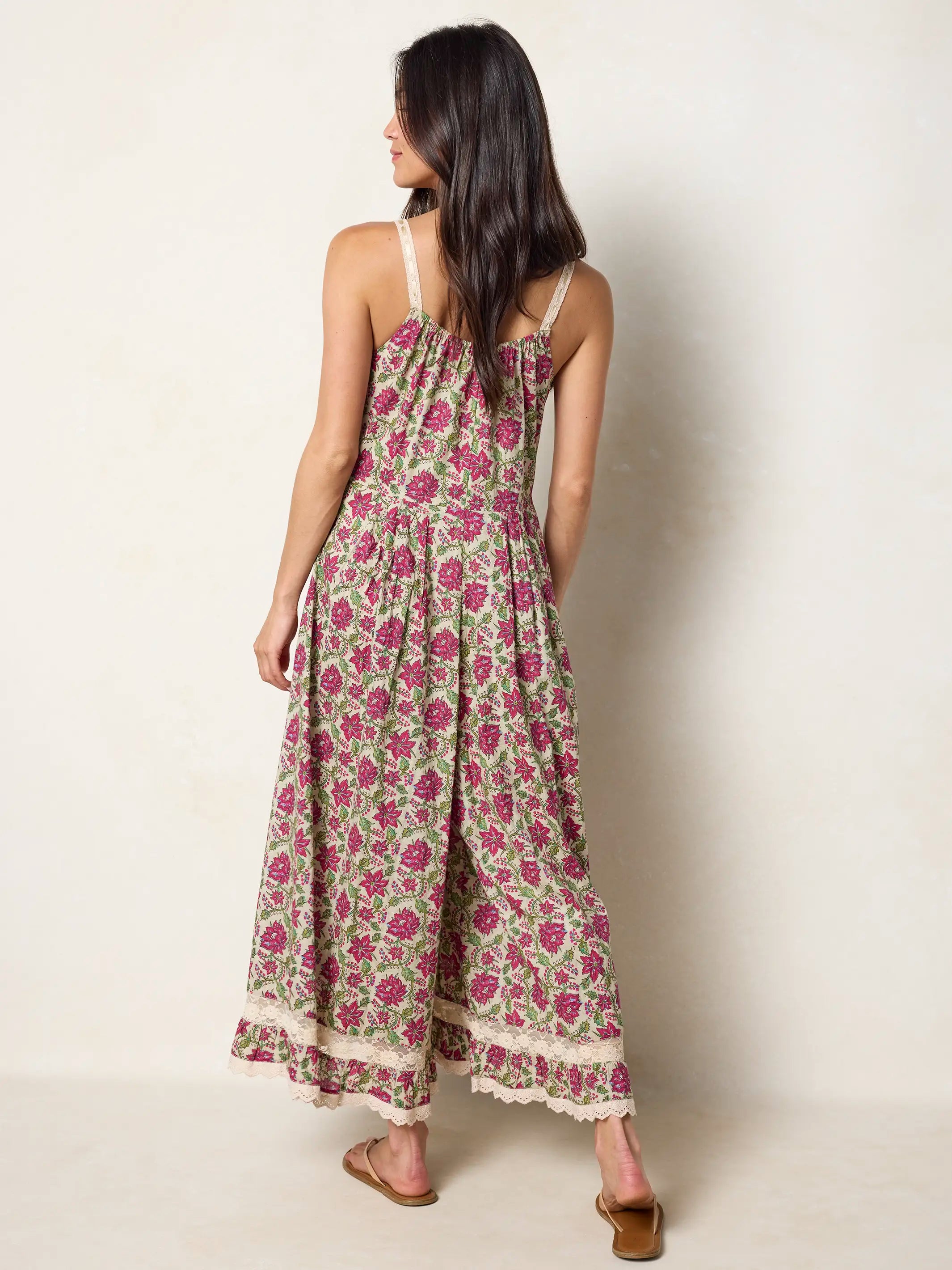 Cotton & Lace Jumpsuit - Cream Pink Lotus