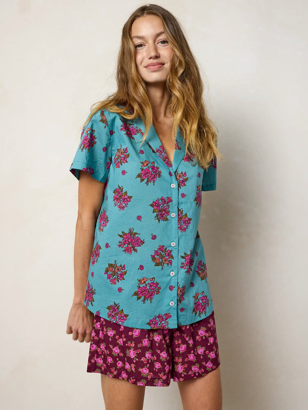 Mix & Match Cotton Short Sleeve Pajama Top - Flower Picking Teal