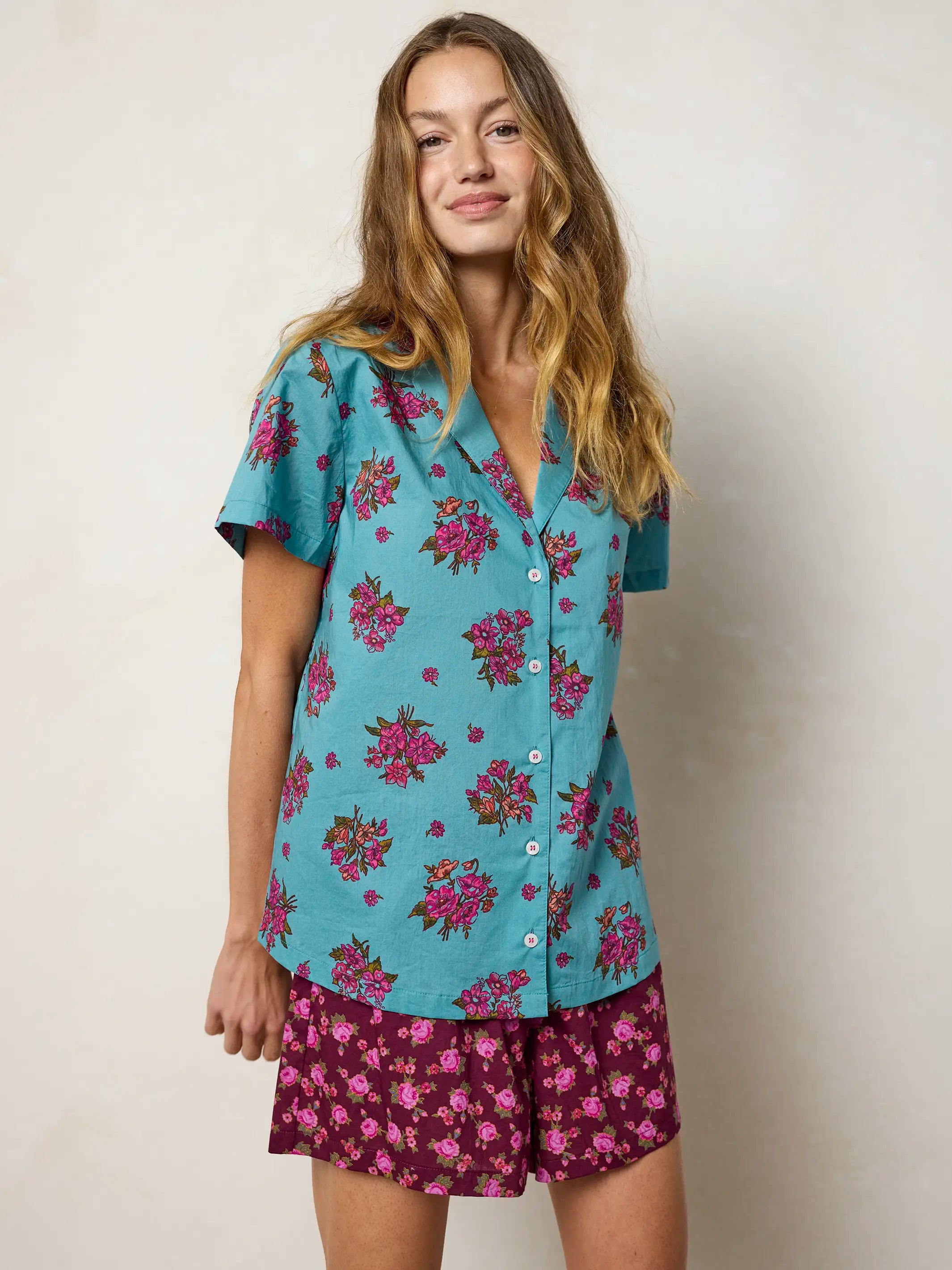 Mix & Match Cotton Short Sleeve Pajama Top - Flower Picking Teal