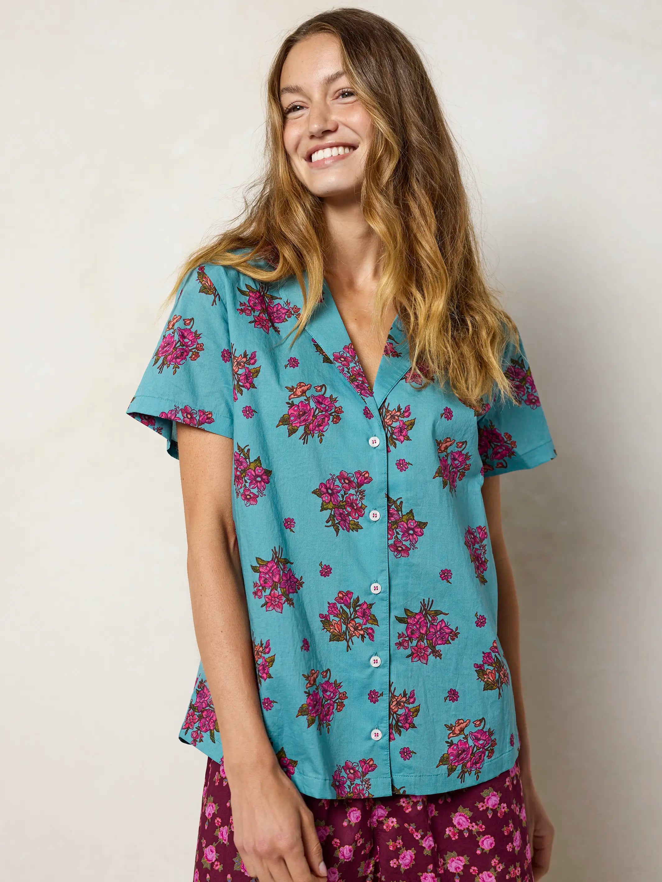 Mix & Match Cotton Short Sleeve Pajama Top - Flower Picking Teal