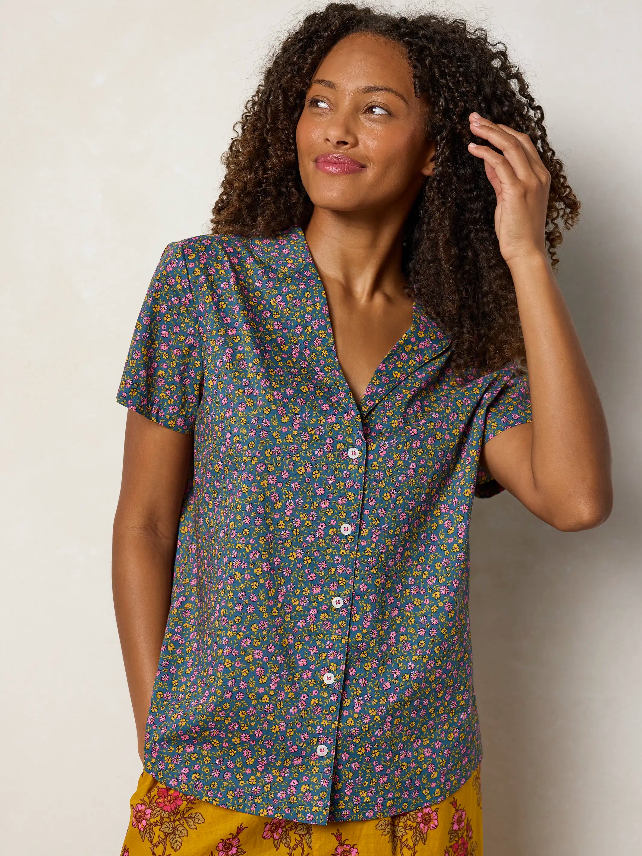 Mix & Match Cotton Short Sleeve Pajama Top - Mari Ditsy Navy