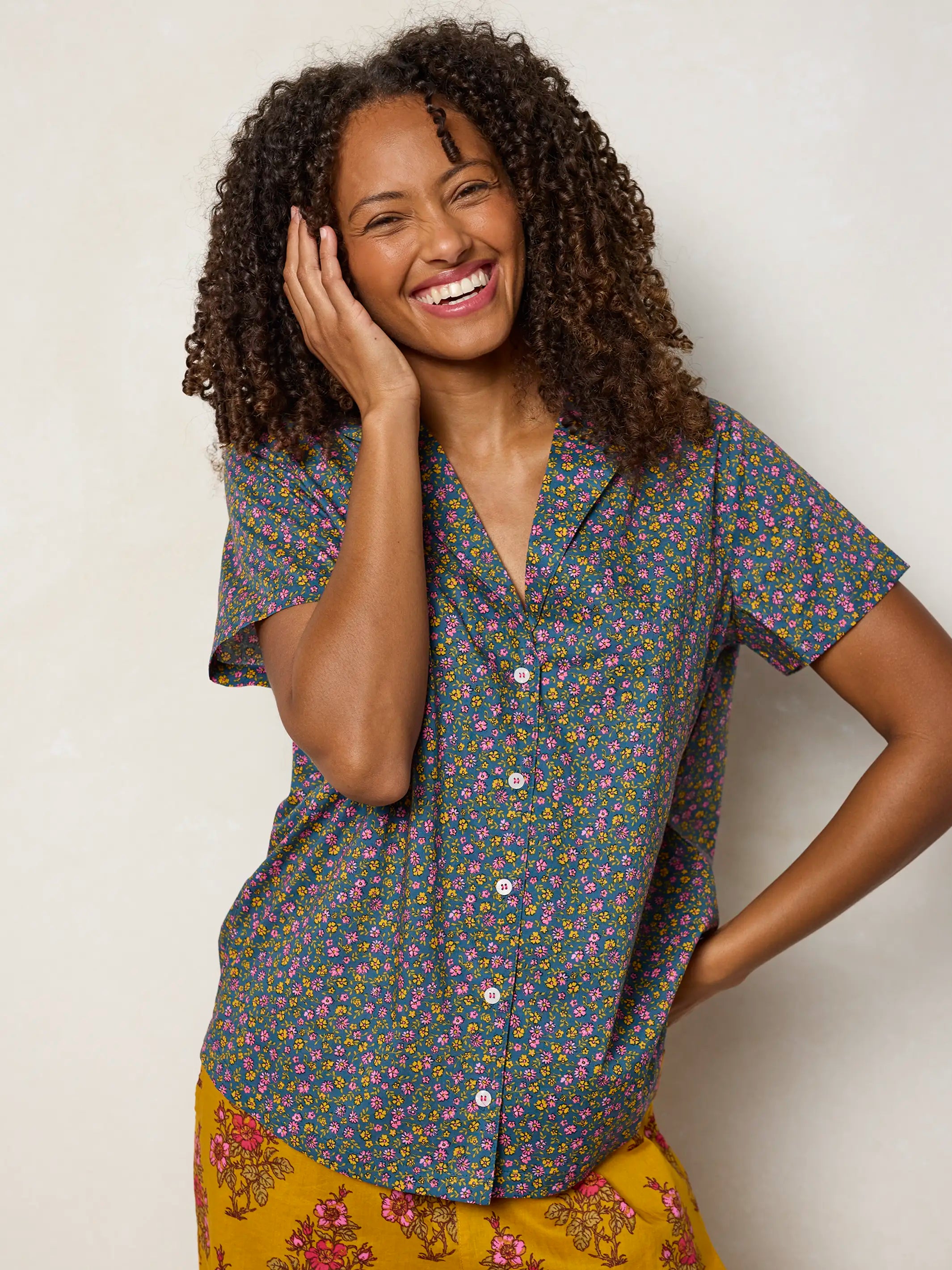 Mix & Match Cotton Short Sleeve Pajama Top - Mari Ditsy Navy