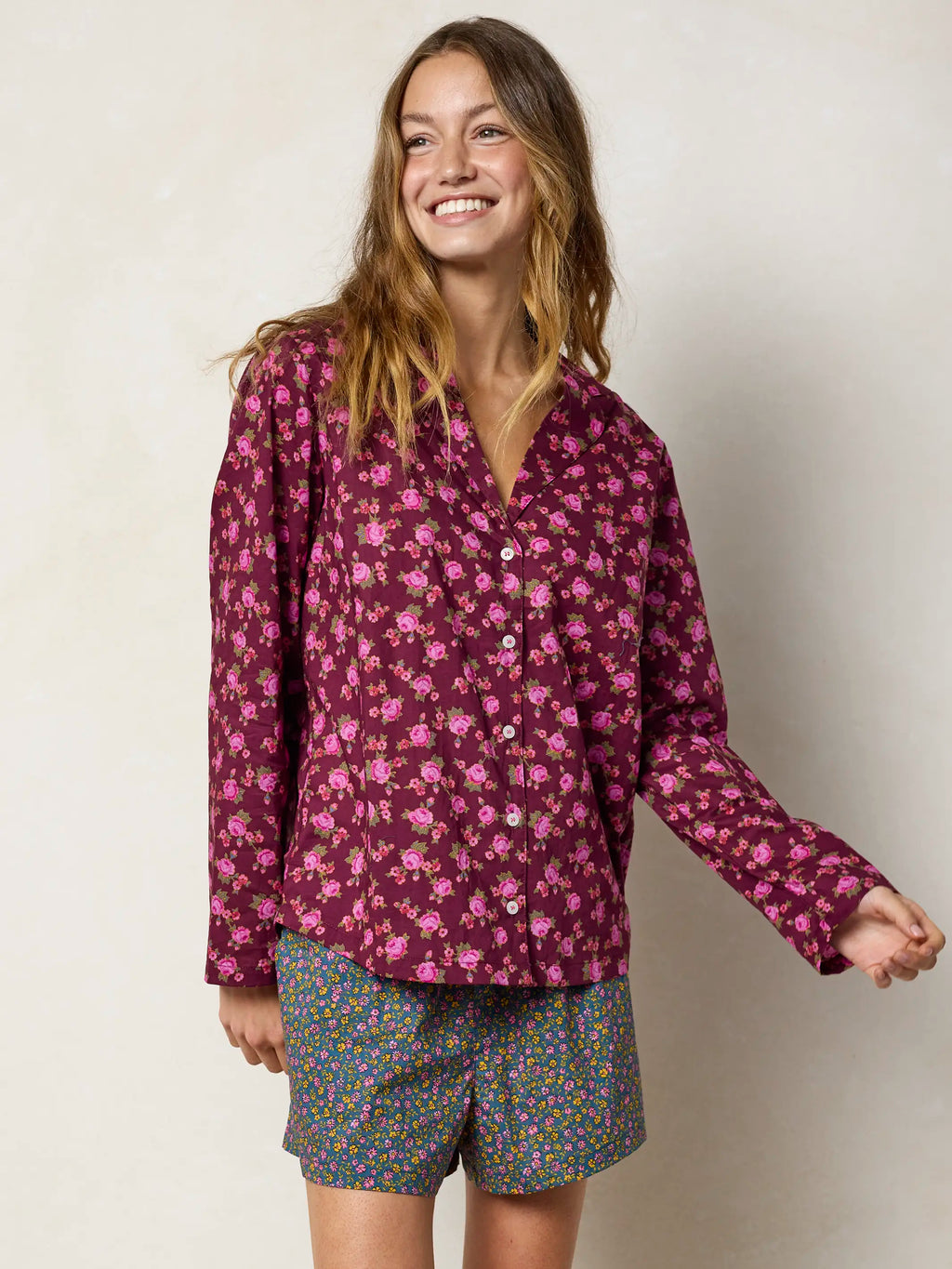 Mix & Match Cotton Long Sleeve Pajama Top - Porto Ditsy Merlot