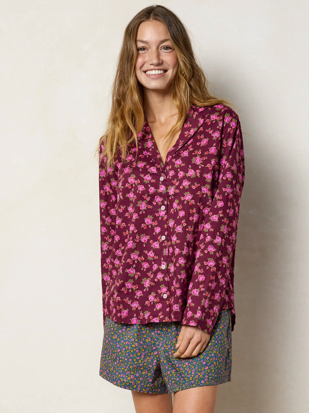 Mix & Match Cotton Long Sleeve Pajama Top - Porto Ditsy Merlot