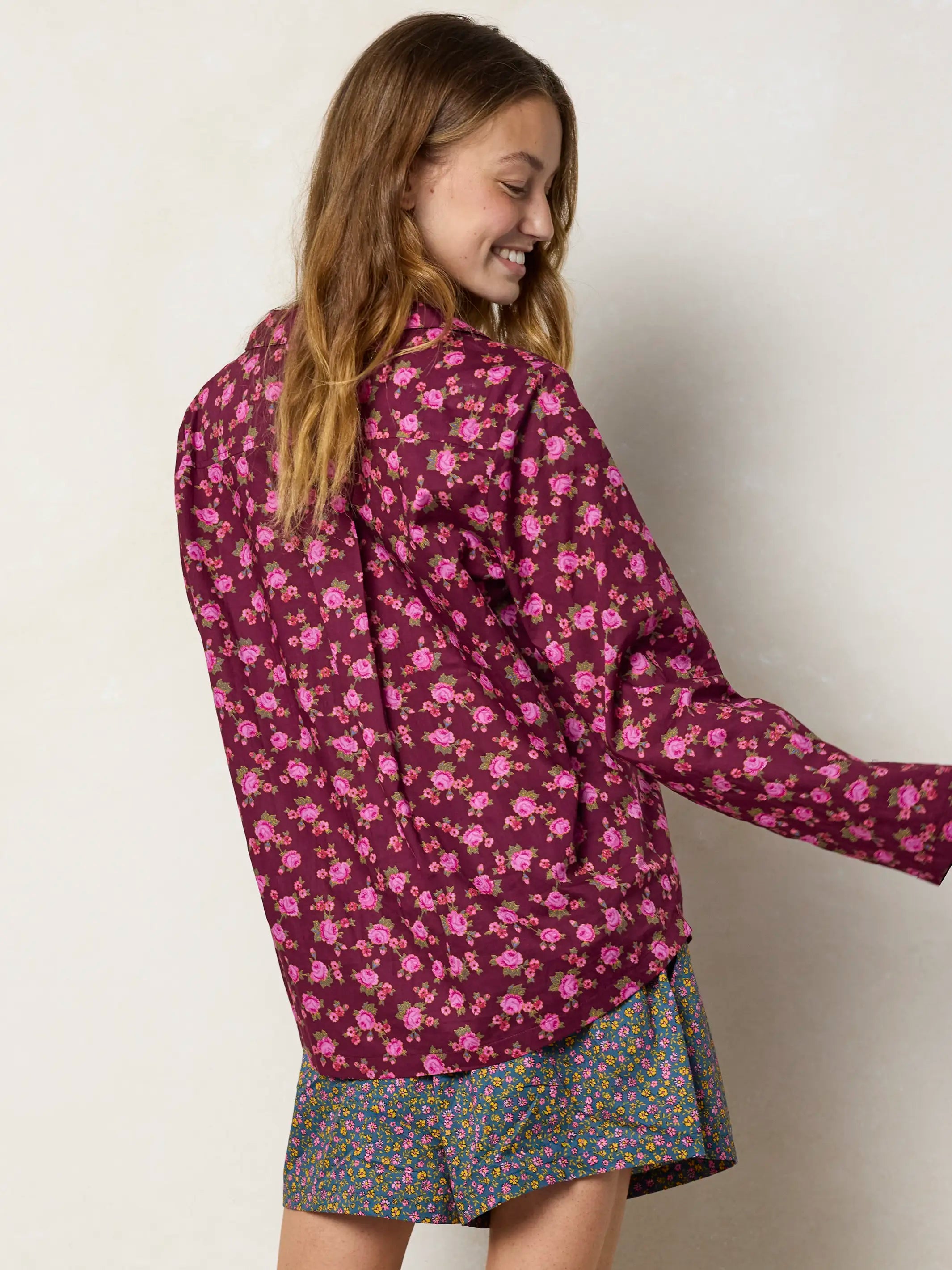 Mix & Match Cotton Long Sleeve Pajama Top - Porto Ditsy Merlot