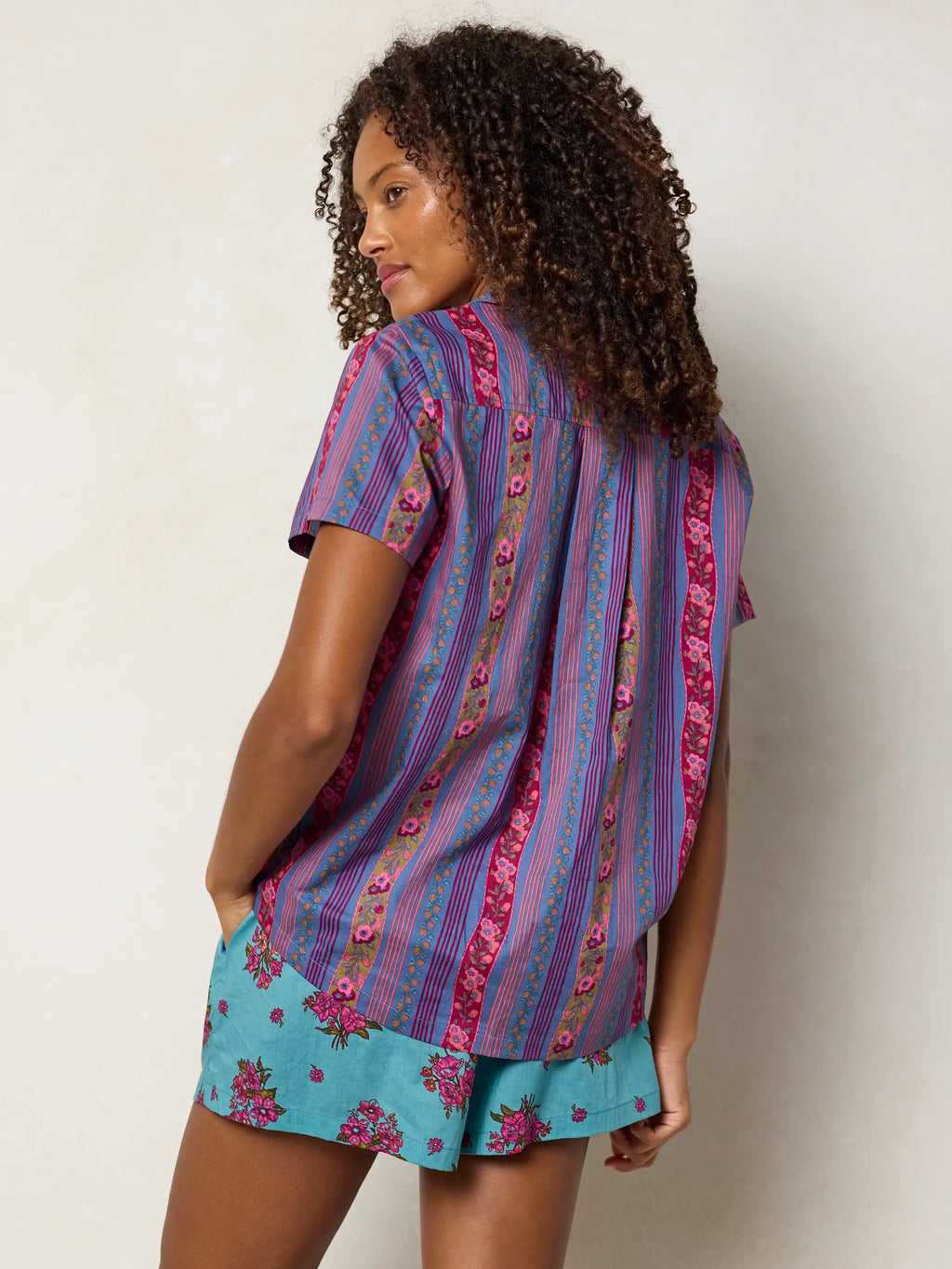 Mix & Match Cotton Short Sleeve Pajama Top - Retro Ribbons Navy