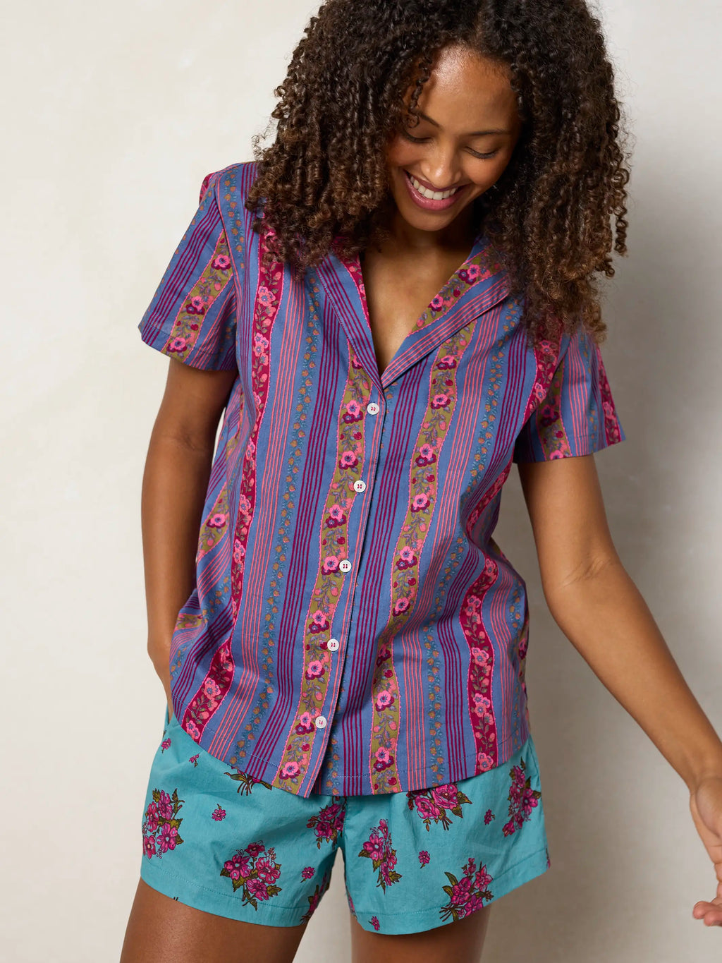 Mix & Match Cotton Short Sleeve Pajama Top - Retro Ribbons Navy