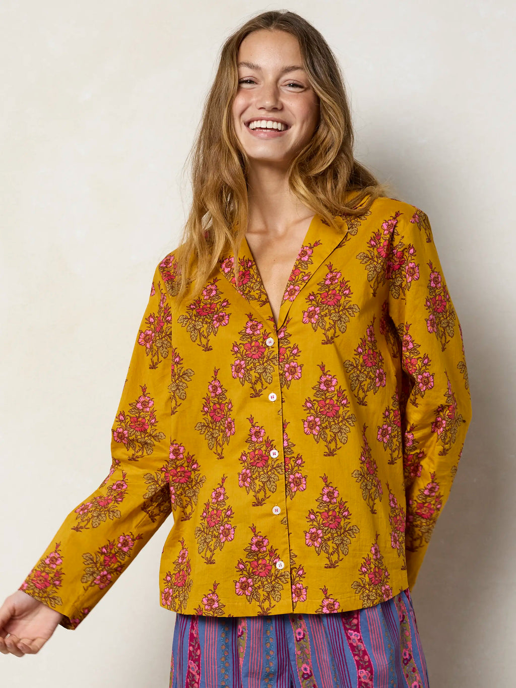 Mix & Match Cotton Long Sleeve Pajama Top - Garden Block Stamp Gold