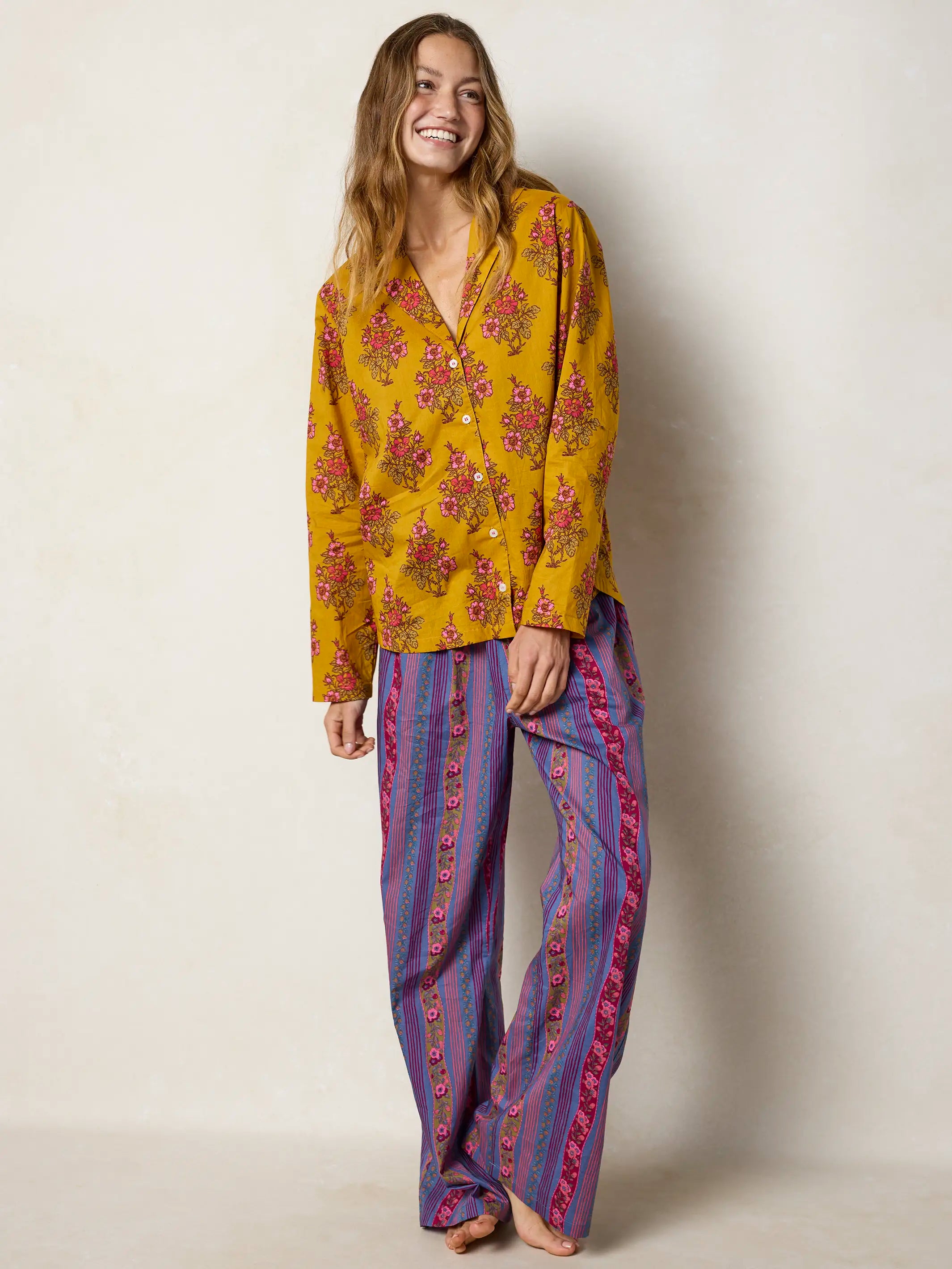 Mix & Match Cotton Long Sleeve Pajama Top - Garden Block Stamp Gold