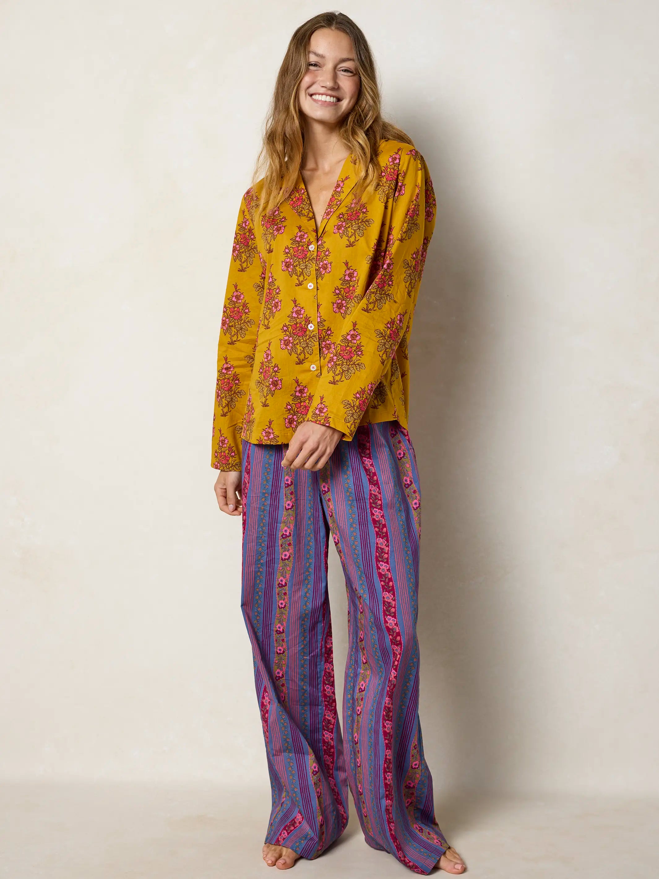 Mix & Match Cotton Long Sleeve Pajama Top - Garden Block Stamp Gold