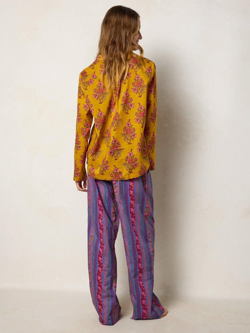 Mix & Match Cotton Long Sleeve Pajama Top - Garden Block Stamp Gold