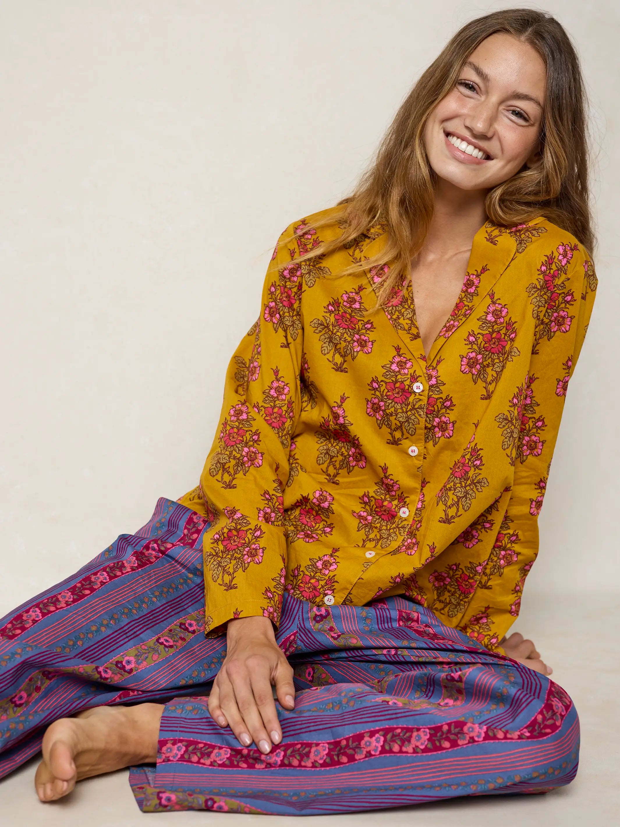 Mix & Match Cotton Long Sleeve Pajama Top - Garden Block Stamp Gold