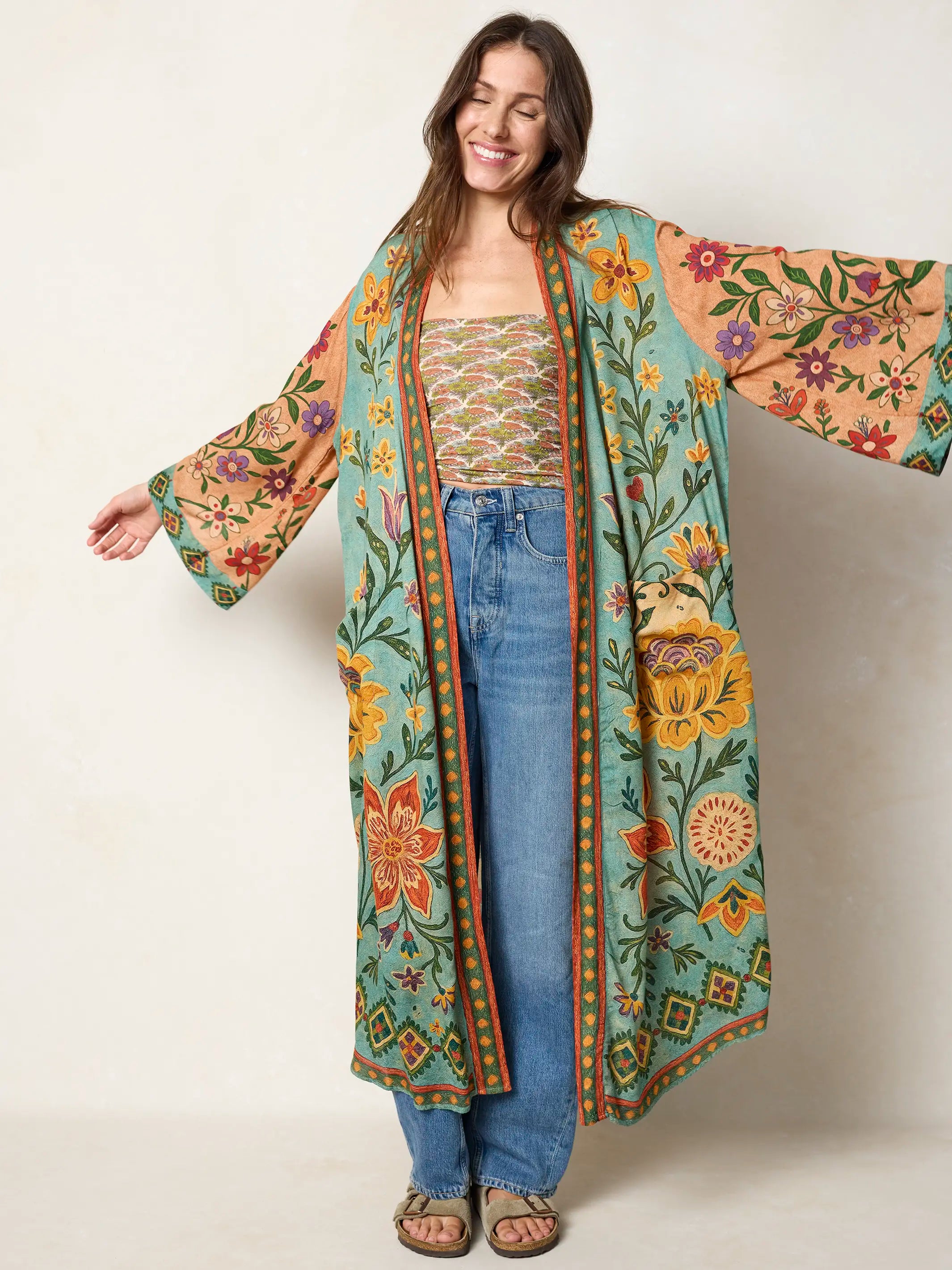 Camila Kimono - Buttercup Floral Seafoam