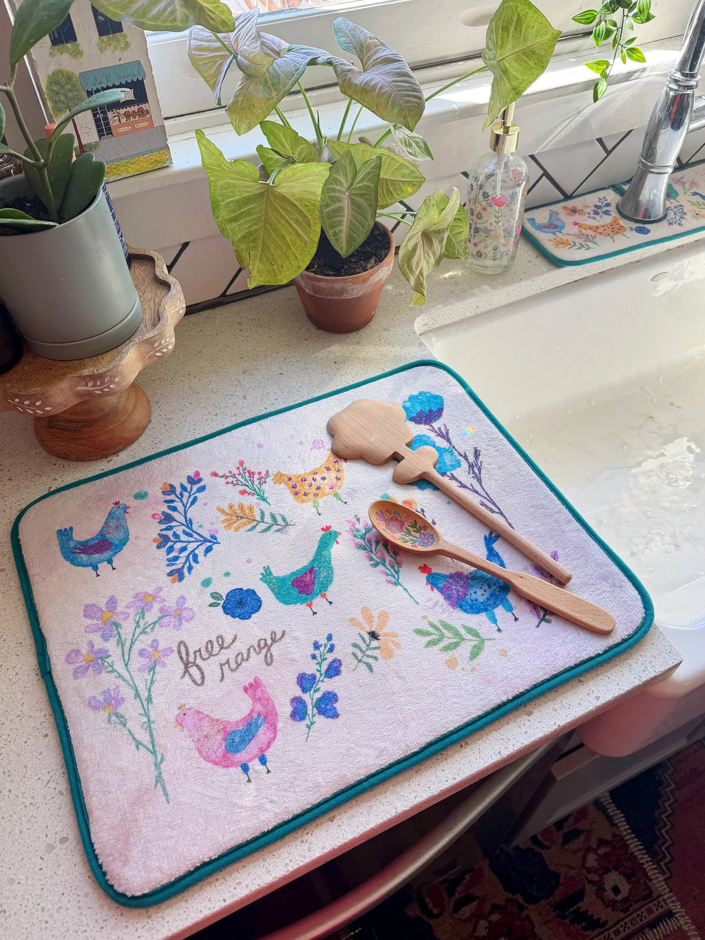 Reversible Dish Drying Mat - Chickens