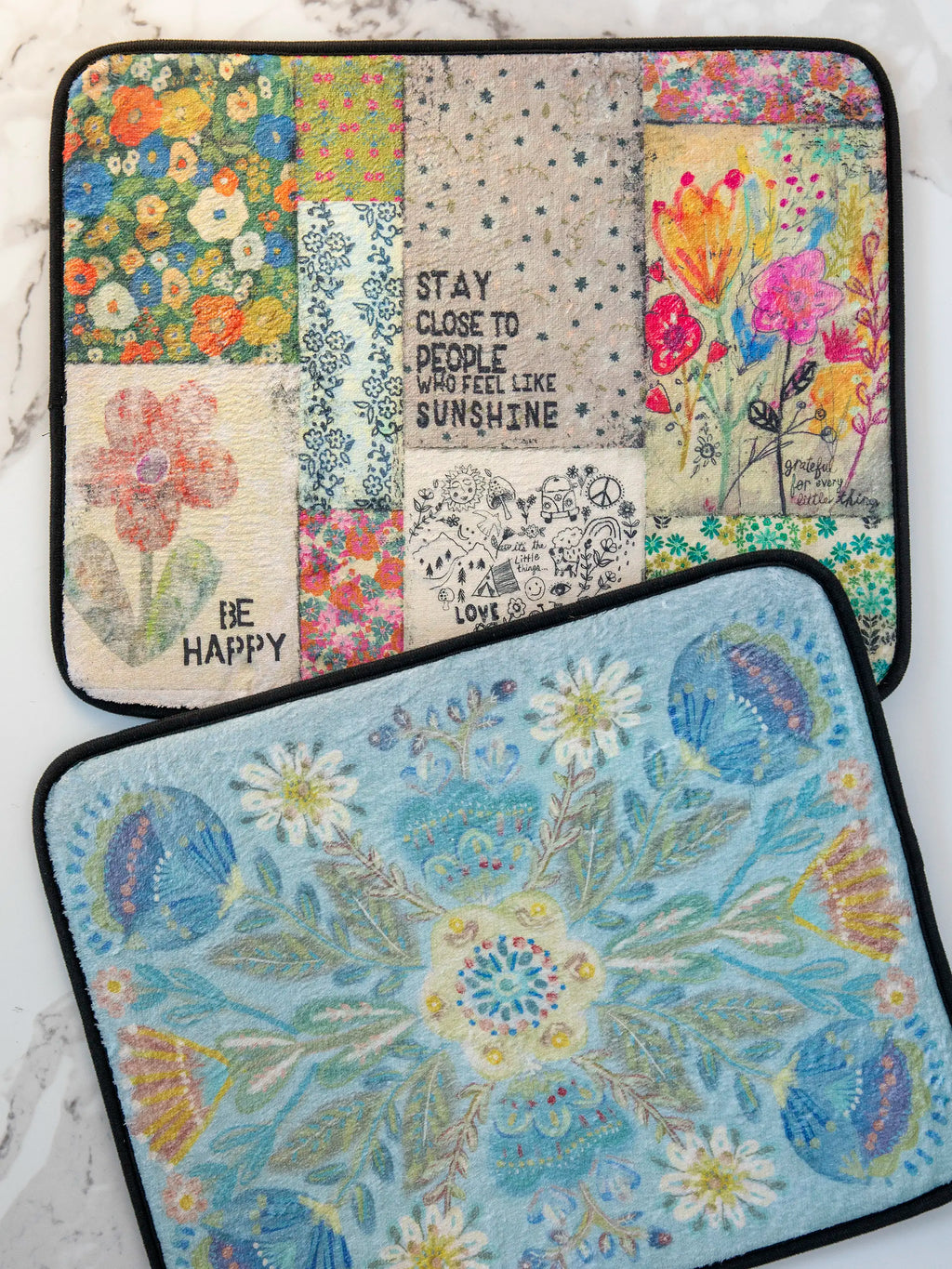 Reversible Dish Drying Mat - Dusty Blue Folk Flower