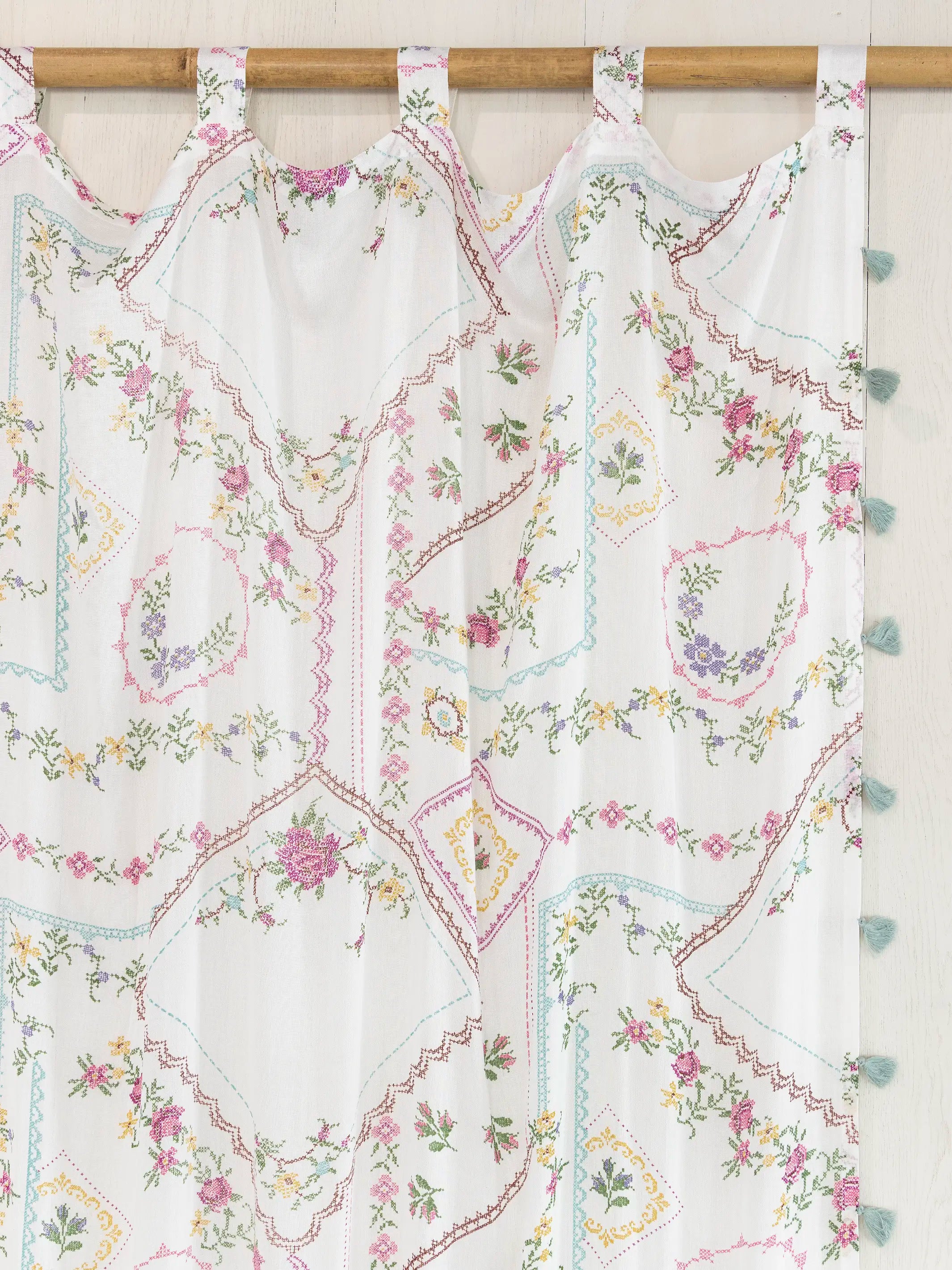 Printed Curtain Panel - Heirloom Cross Stitch Ivory