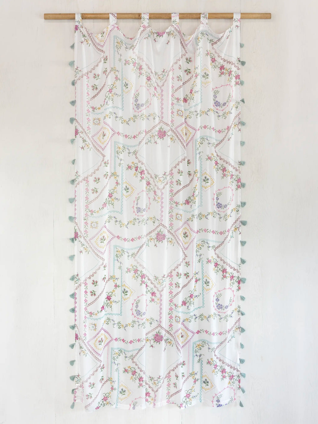 Printed Curtain Panel - Heirloom Cross Stitch Ivory