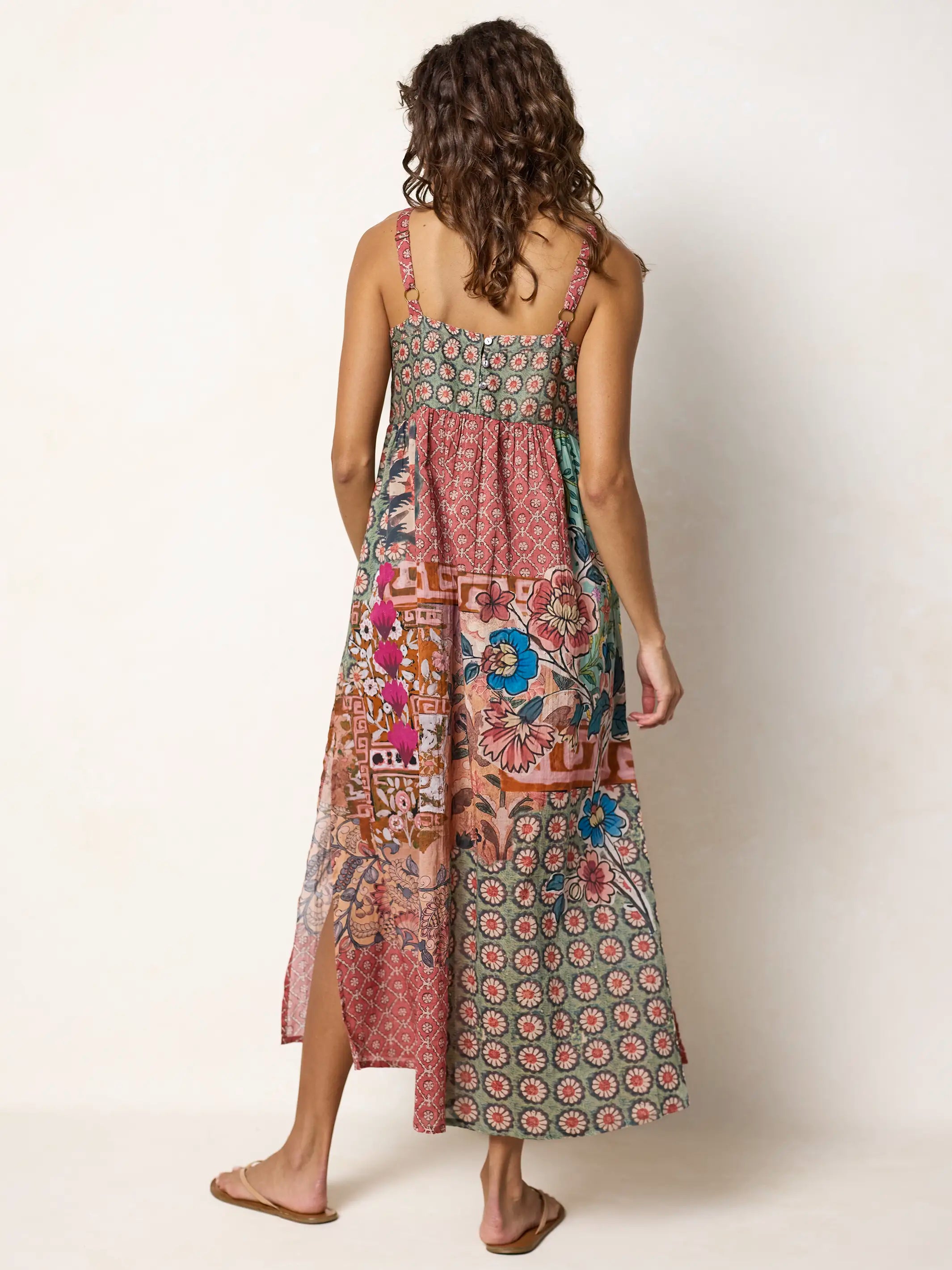 Patti Side Slit Cotton Maxi Dress - Patchwork Medallion Floral