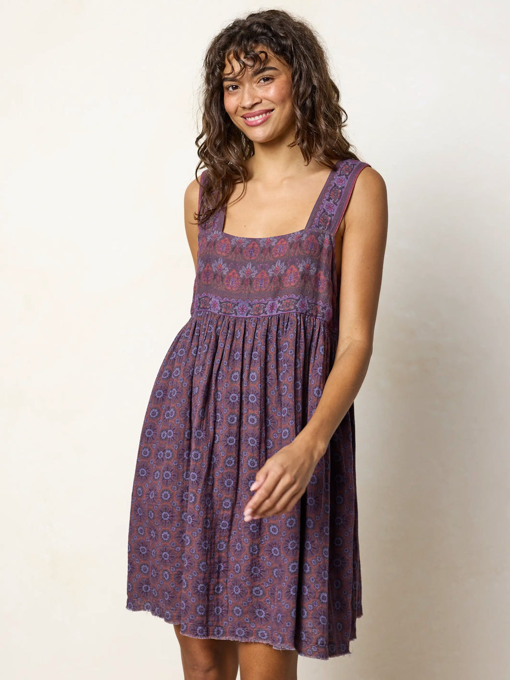 Tricia Reversible Cotton Mini Dress - Medallion Eggplant Sunburst